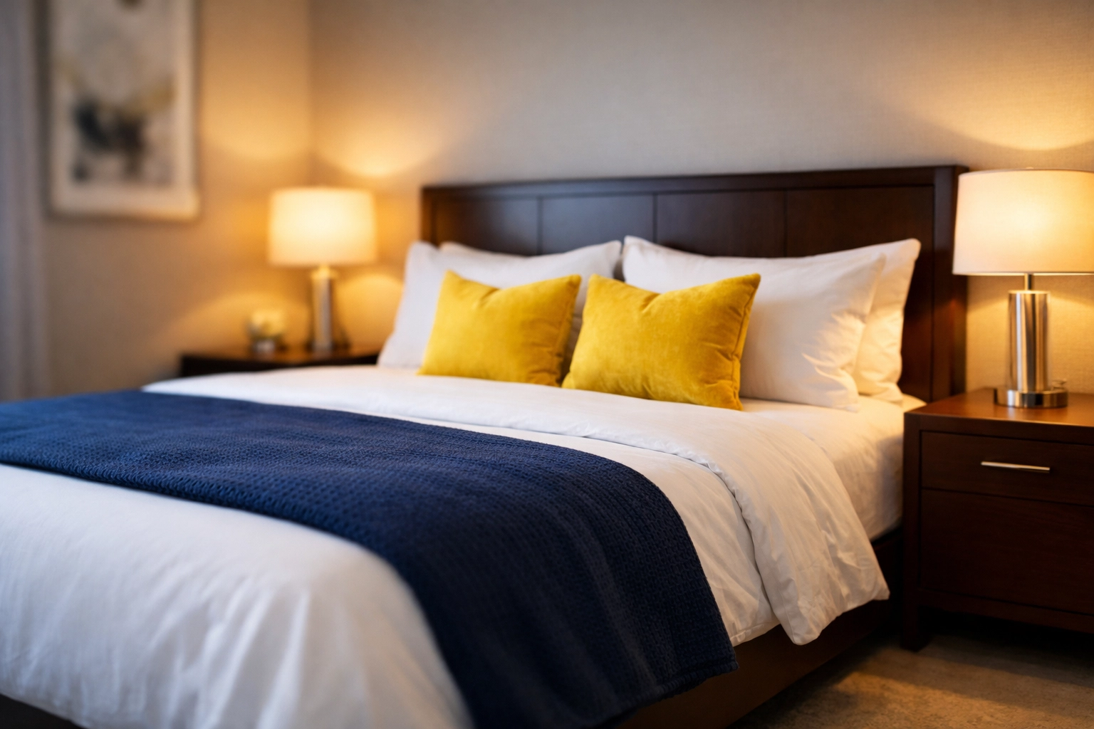 A clutter-free bedroom sanctuary with fresh linens, promoting restorative sleep through regular house cleaning.