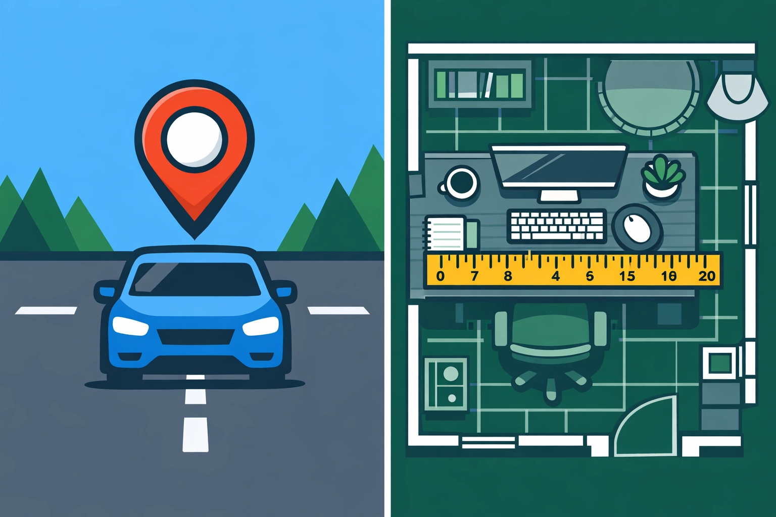 Split screen illustration showing business mileage tracking and home office measurements for tax deduction accuracy.