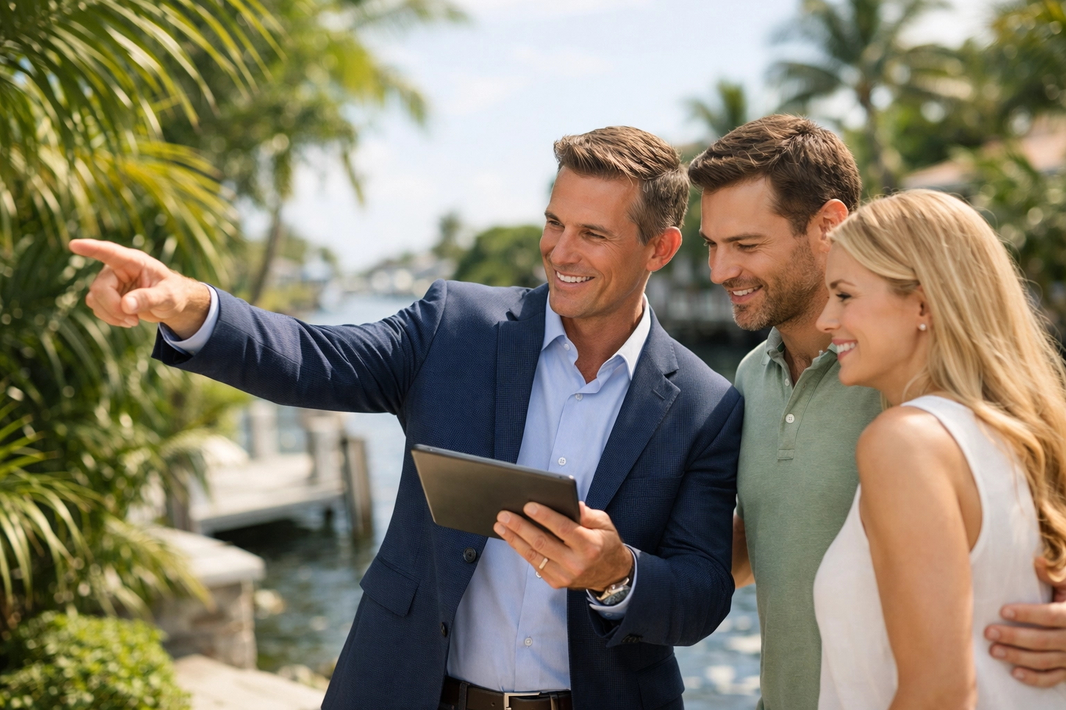 Cape Coral real estate agent showing waterfront property listings to clients on a patio.