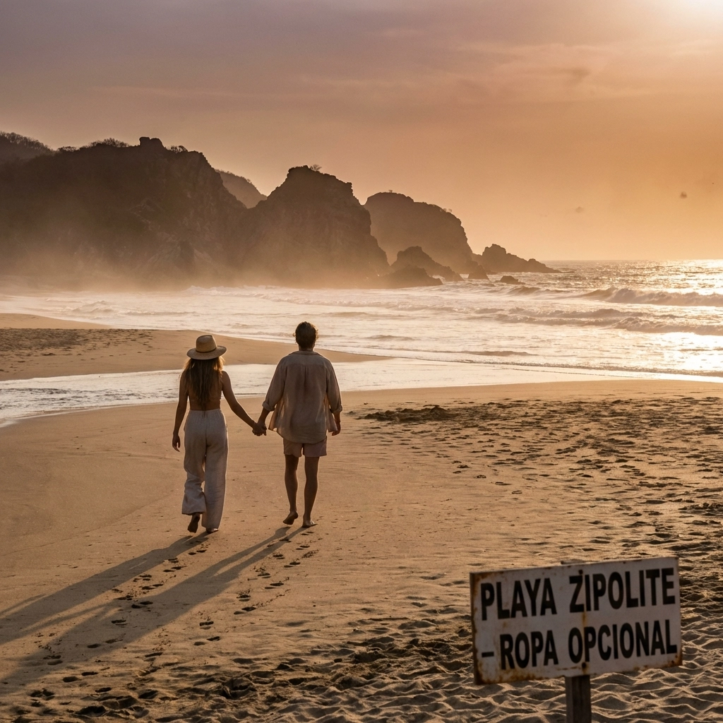 A queer couple enjoying a romantic sunset walk on a clothing-optional beach at golden hour.