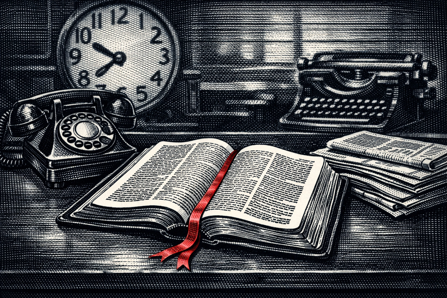 An open Bible on a classic newsroom desk, symbolizing a Christian perspective on today's headlines.