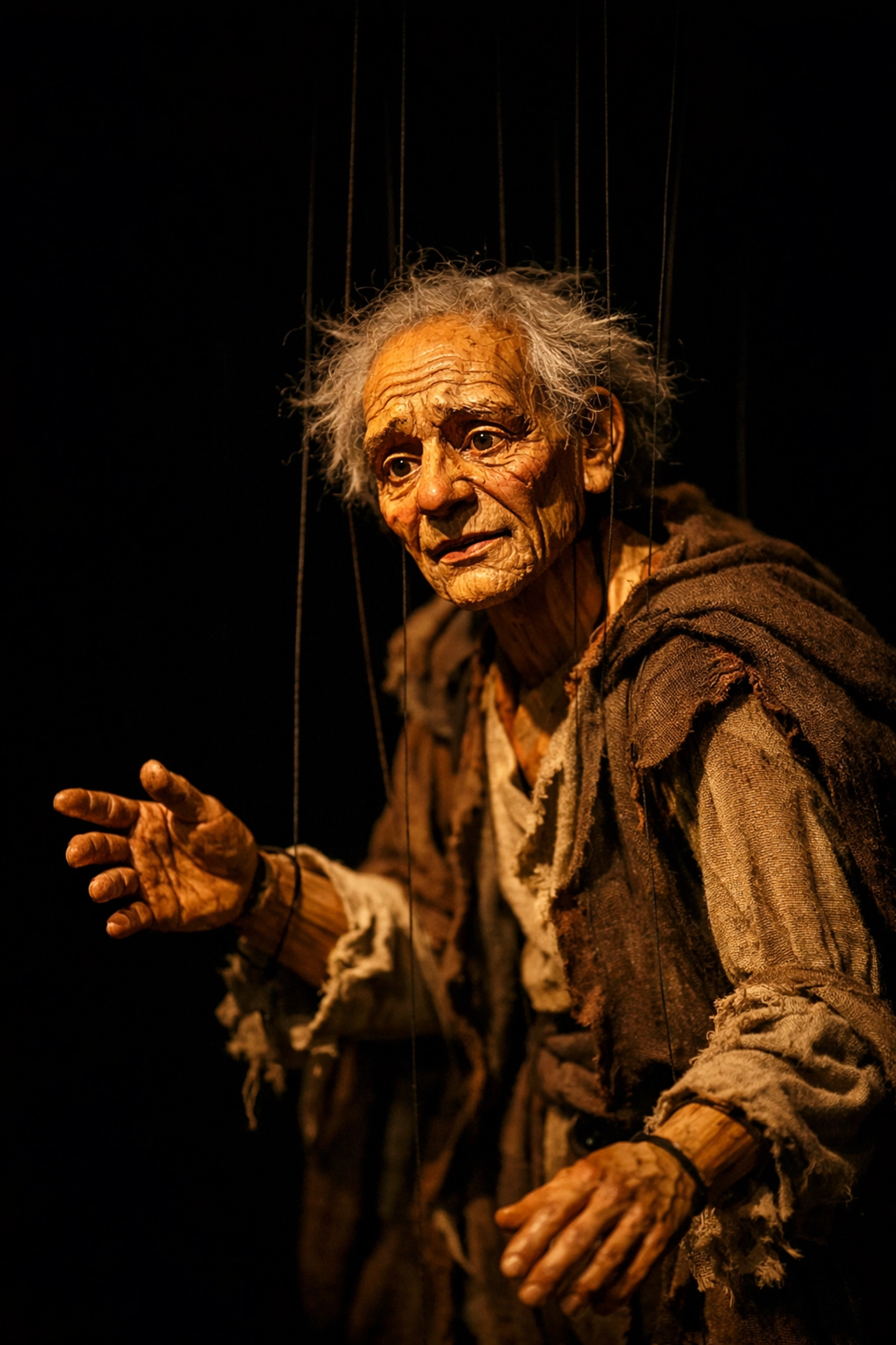 Detailed marionette puppet during a performance at the Festival international de Casteliers.