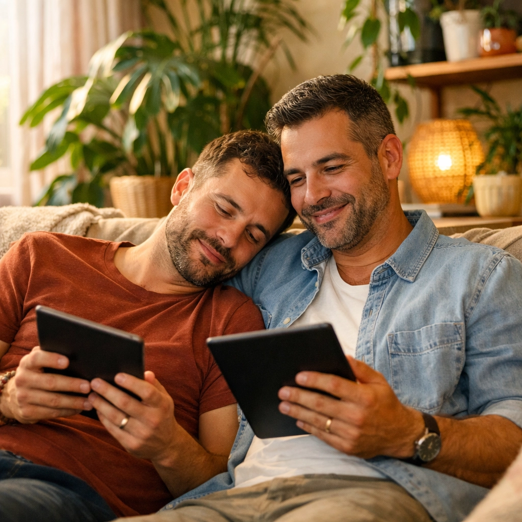 A gay couple reading MM romance books and LGBTQ+ fiction together on a sofa in a sun-drenched home.