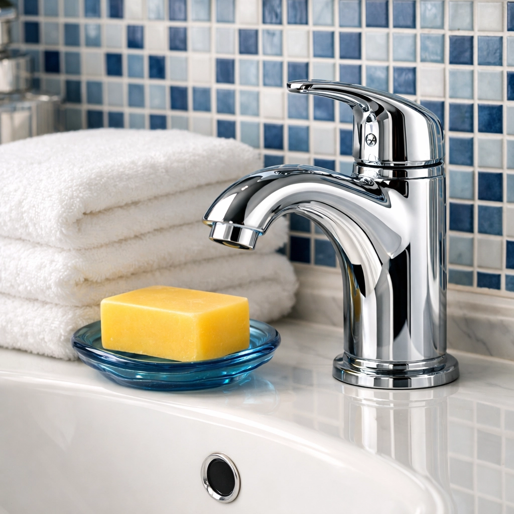 Detailed view of a sanitized bathroom vanity after expert house cleaning in Ashby.
