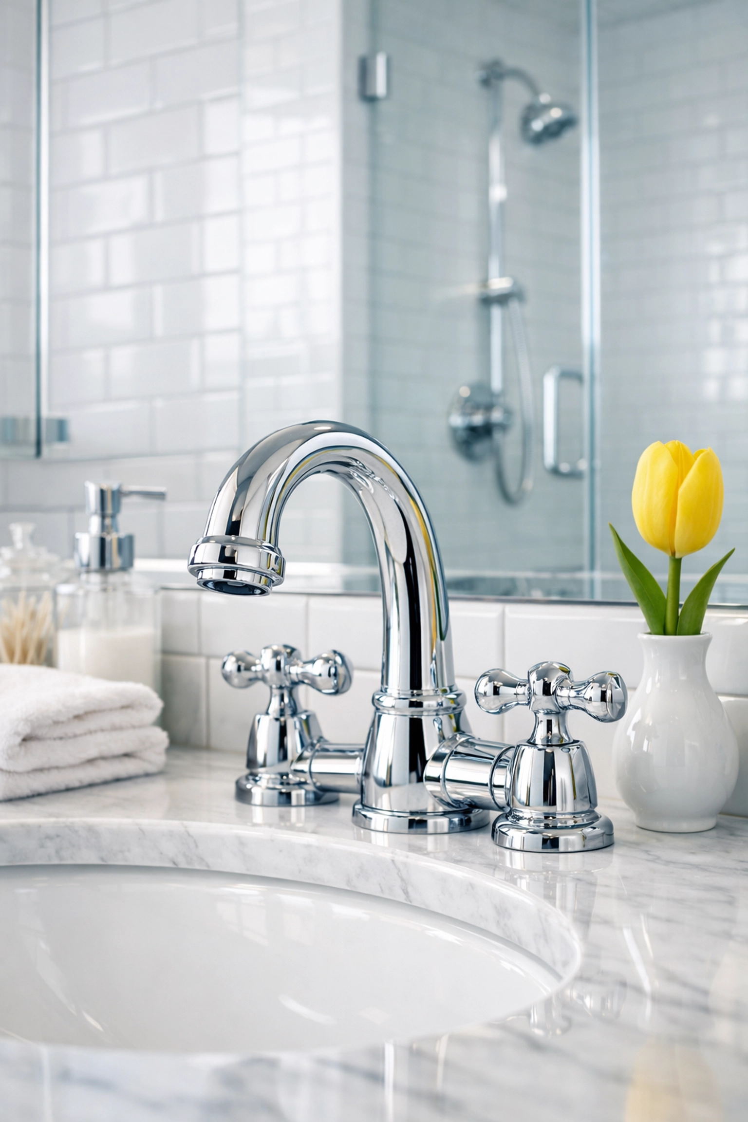 Pristine bathroom vanity with polished chrome fixtures after apartment cleaning in Boston.