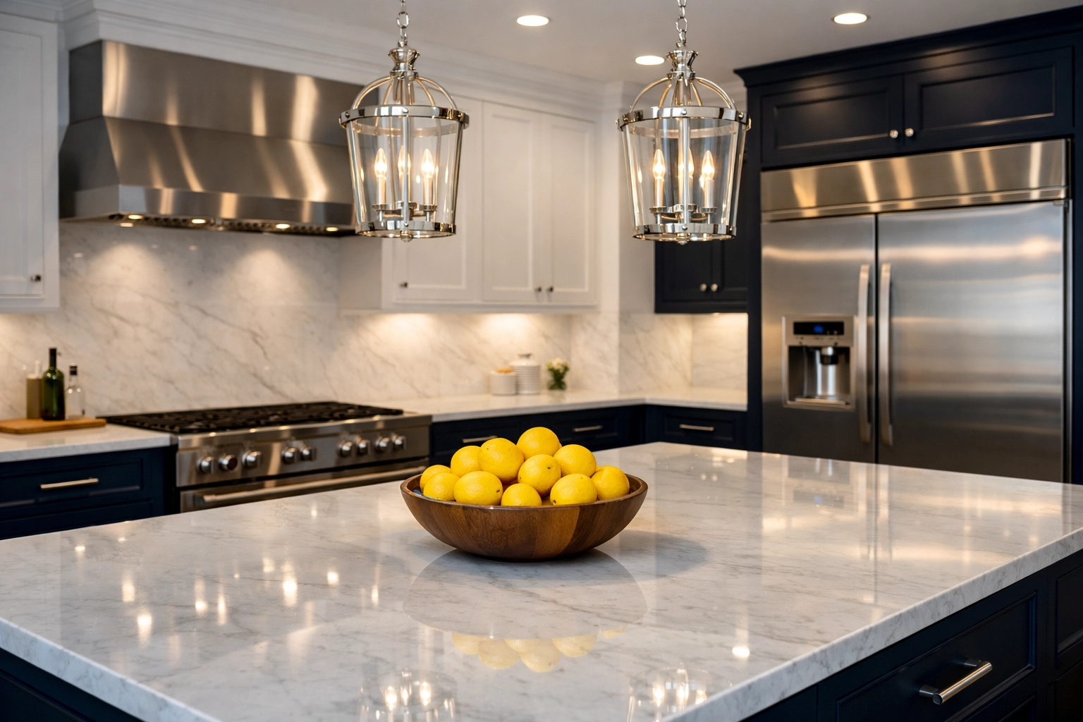 Professional deep cleaning services for a sparkling luxury kitchen with marble countertops in Massachusetts.