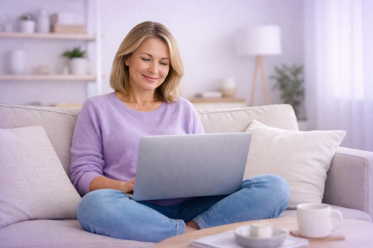 Relieved person using a laptop to manage an emergency loan Canada in a comfortable living room.