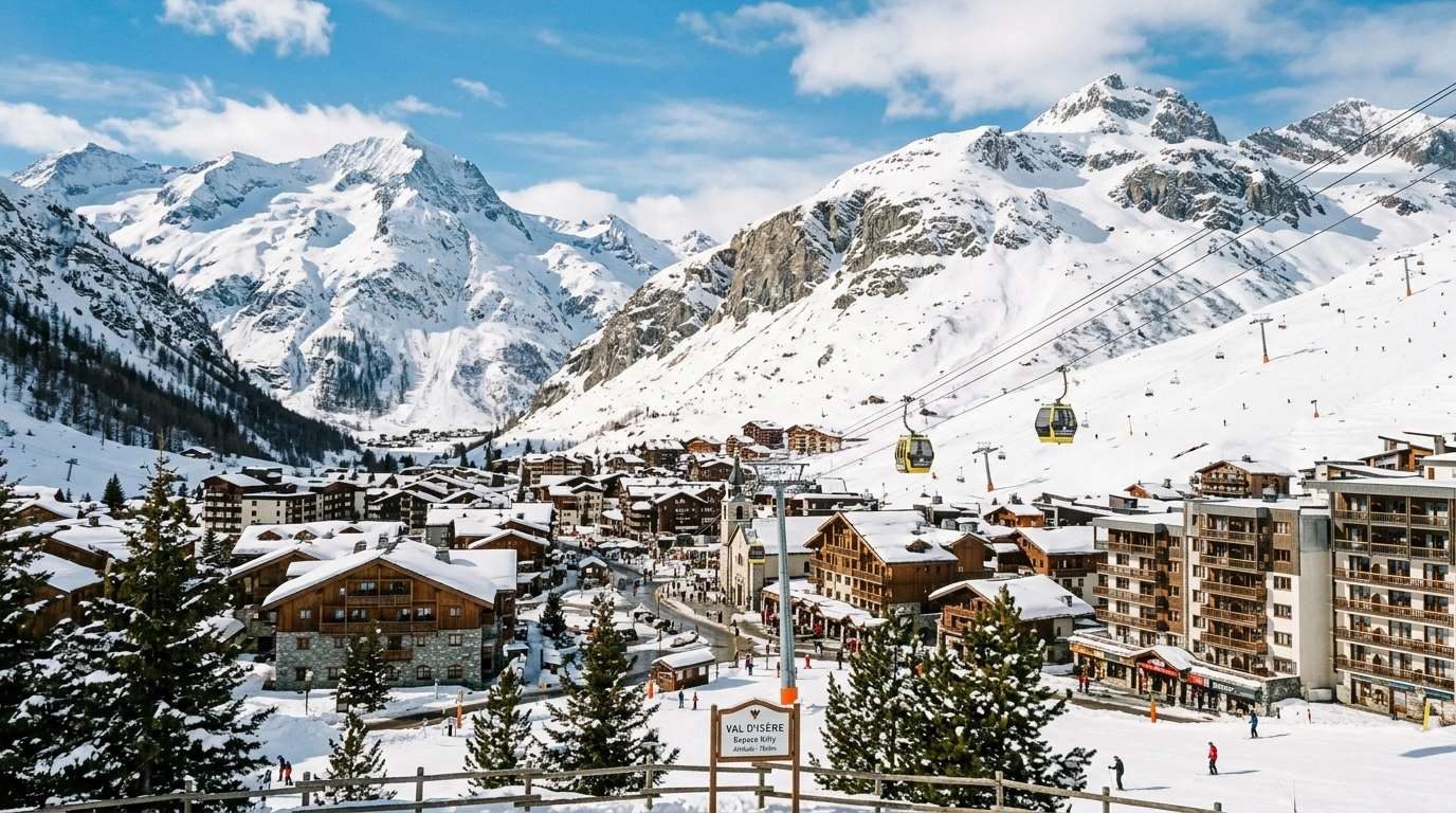A scenic view of the French Alps highlighting Val d'Isere with traditional Alpine architecture and snow-capped peaks.