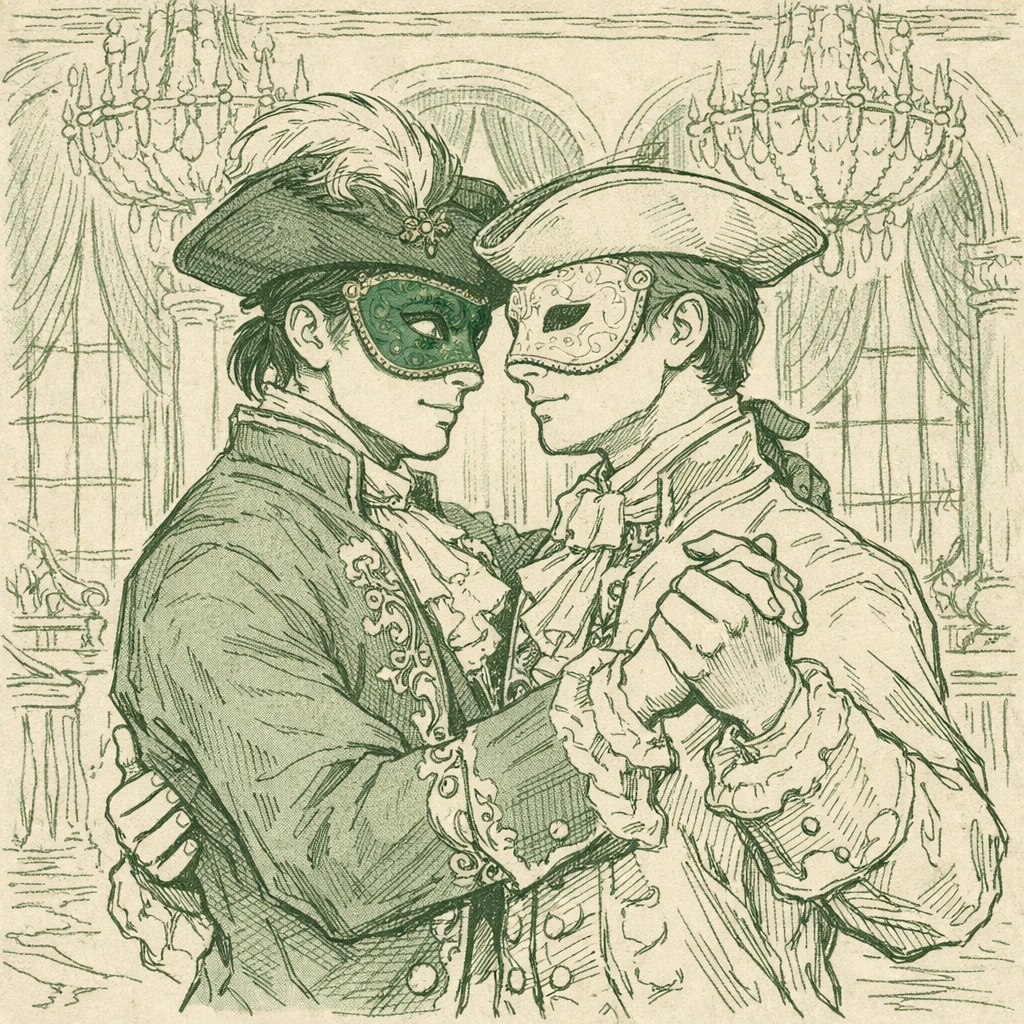 Masked men dancing intimately at Venice Carnival masquerade ball - gay historical romance scene
