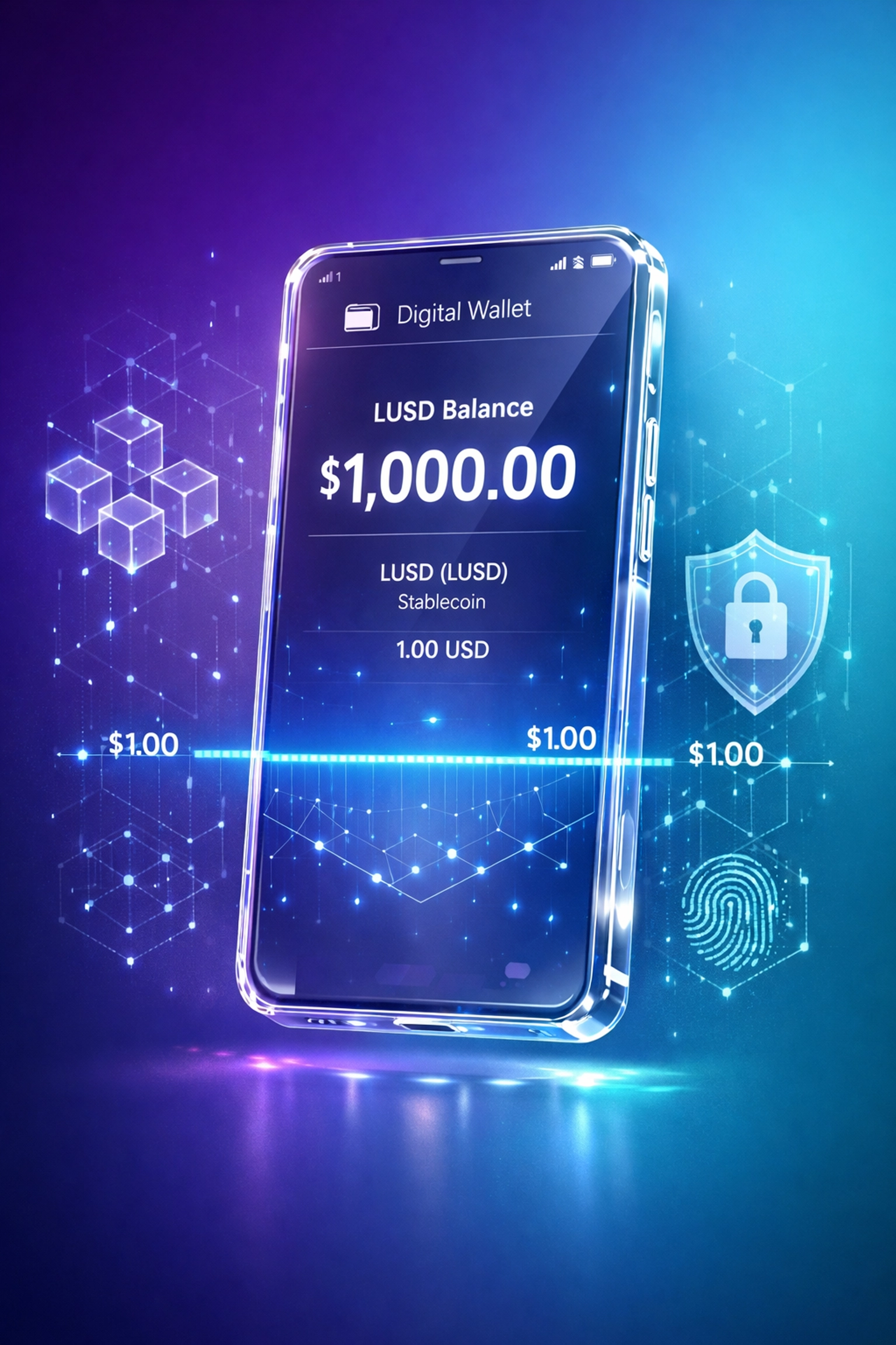 LUSD stablecoin digital wallet interface showing stable $1.00 value for merchant payments