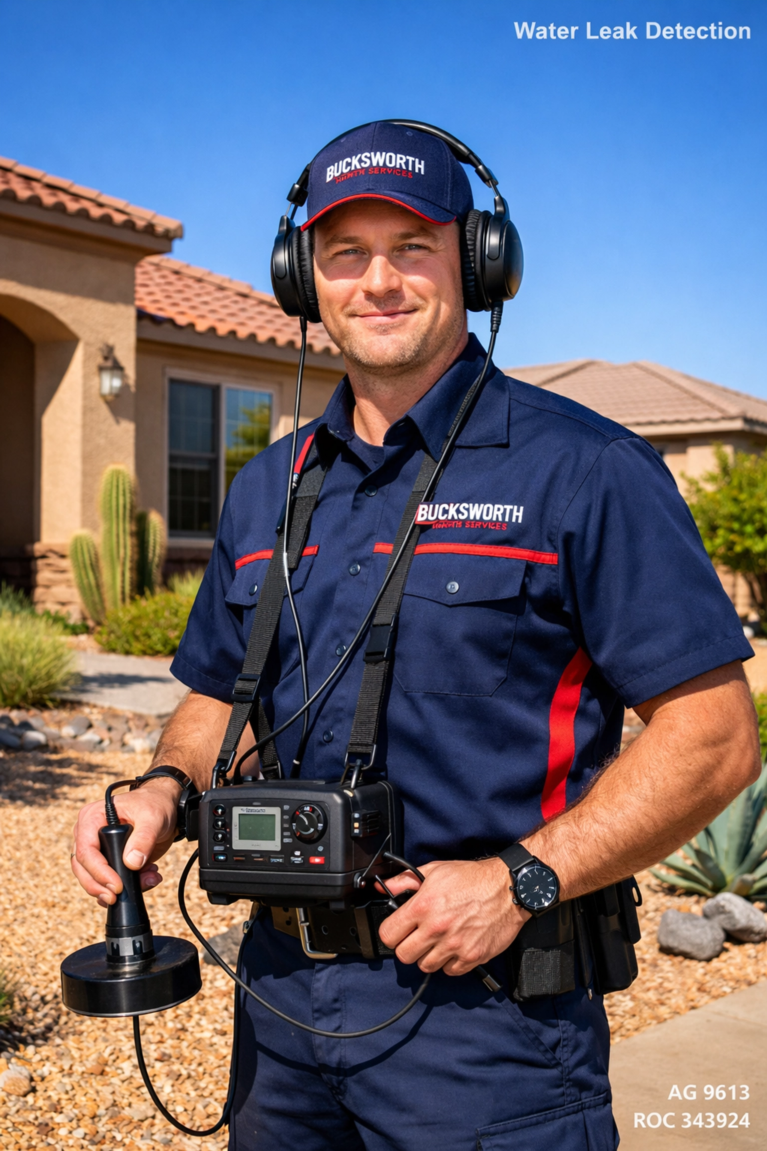 Bucksworth technician performing professional water leak detection in Glendale AZ using acoustic equipment.