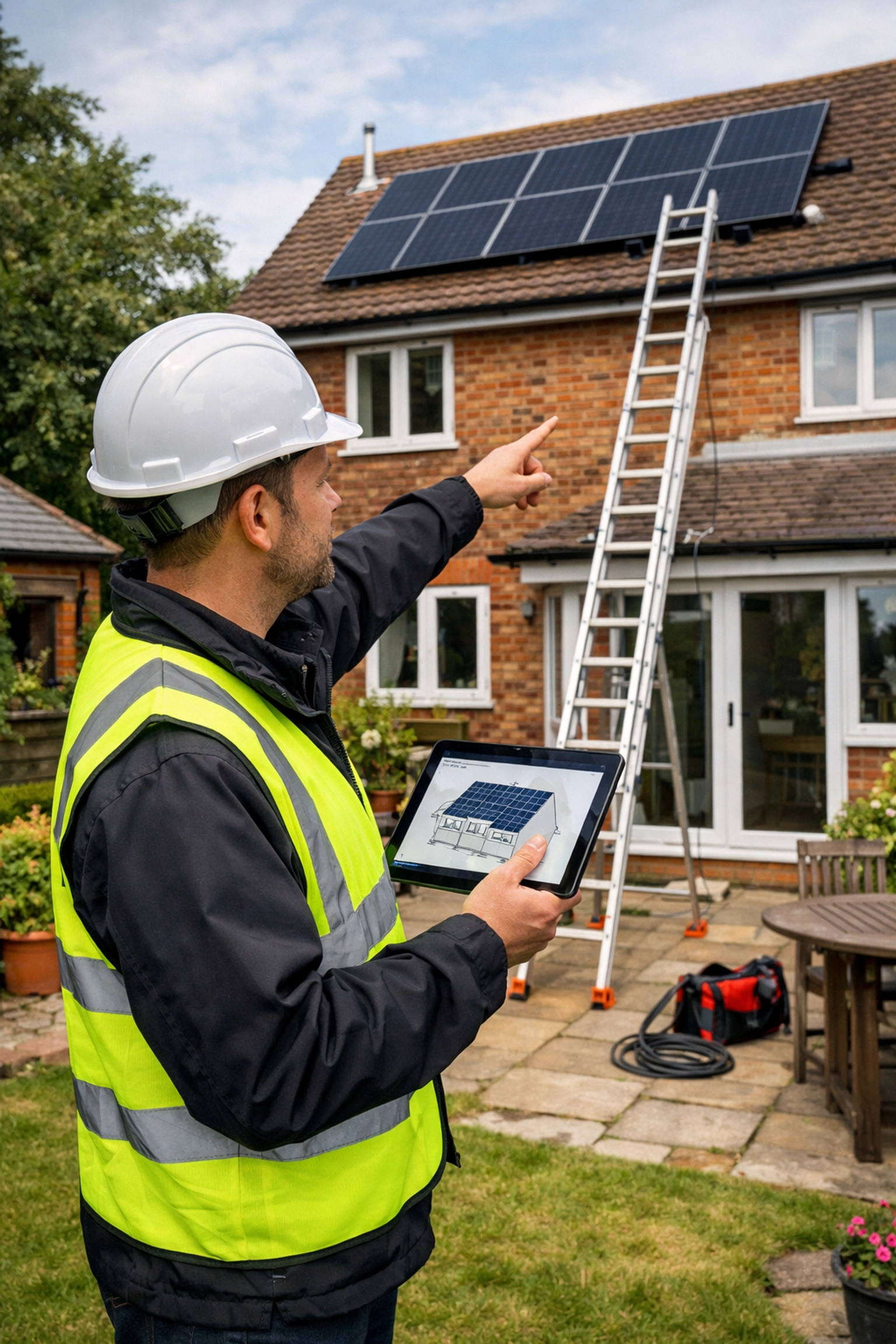 A renewable energy specialist performing a technical site survey for a home solar panel installation.