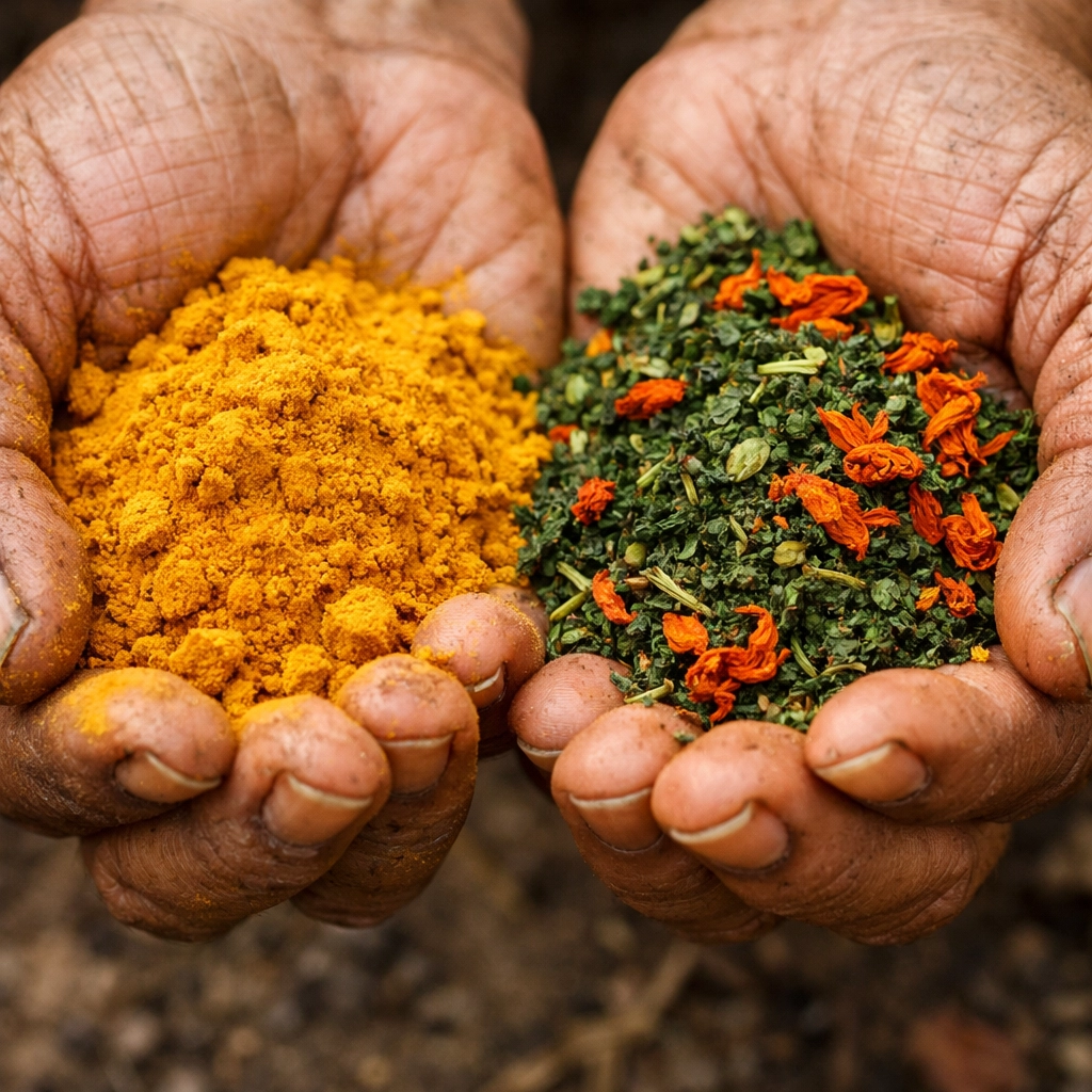 Hands holding turmeric and neem powders used for Ayurvedic healing during Holi.