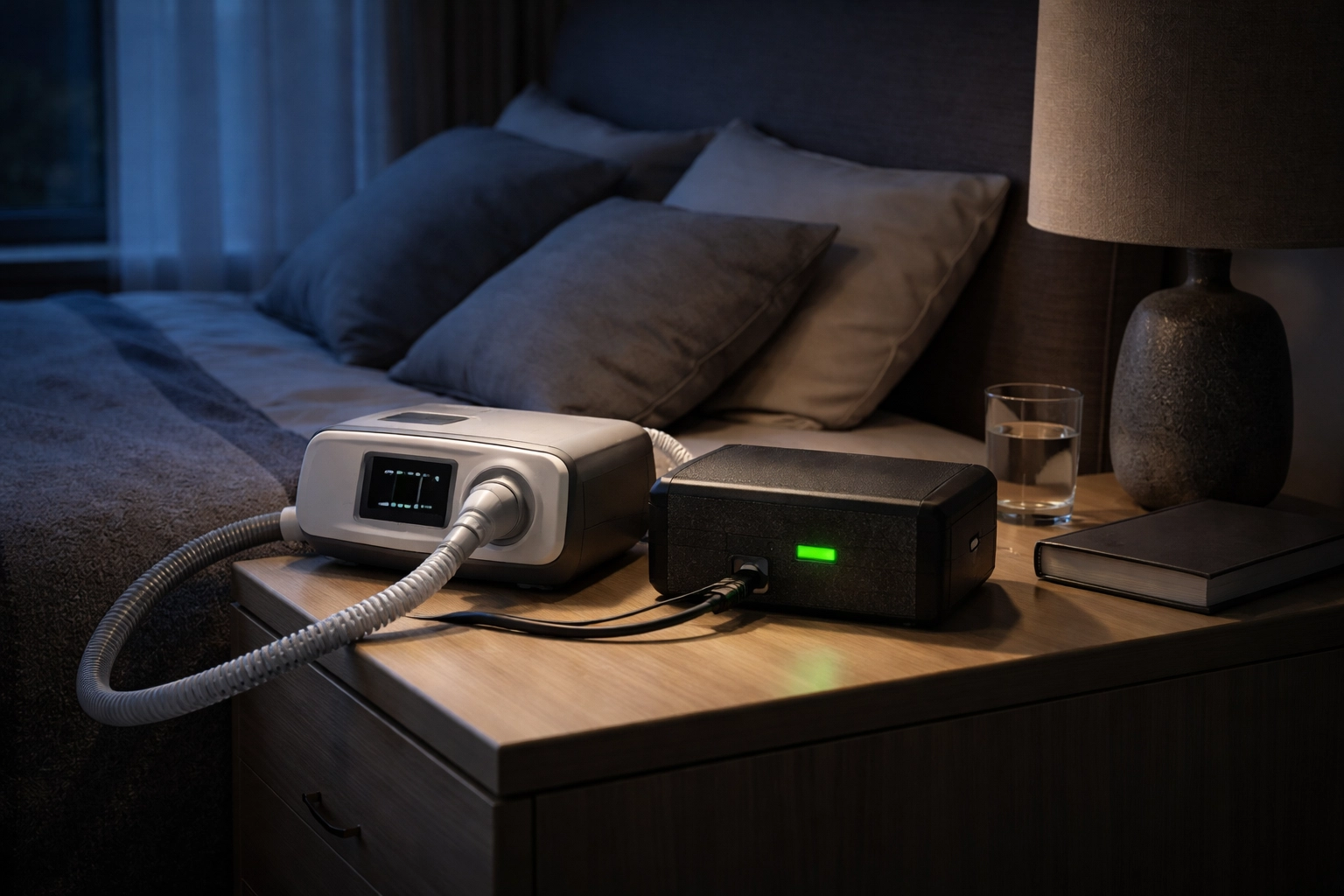 Bedroom nightstand with CPAP machine connected to backup battery, showing power outage preparedness for sleep apnea.
