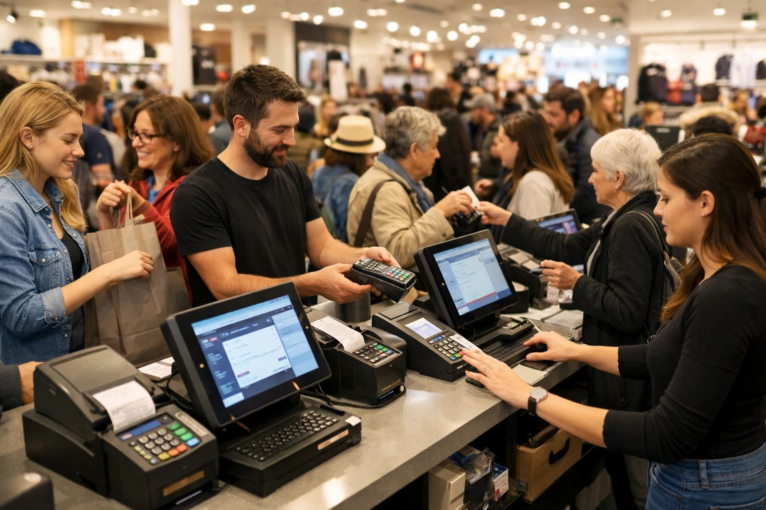 Busy high street shop with multiple customers using POS systems during peak trading hours