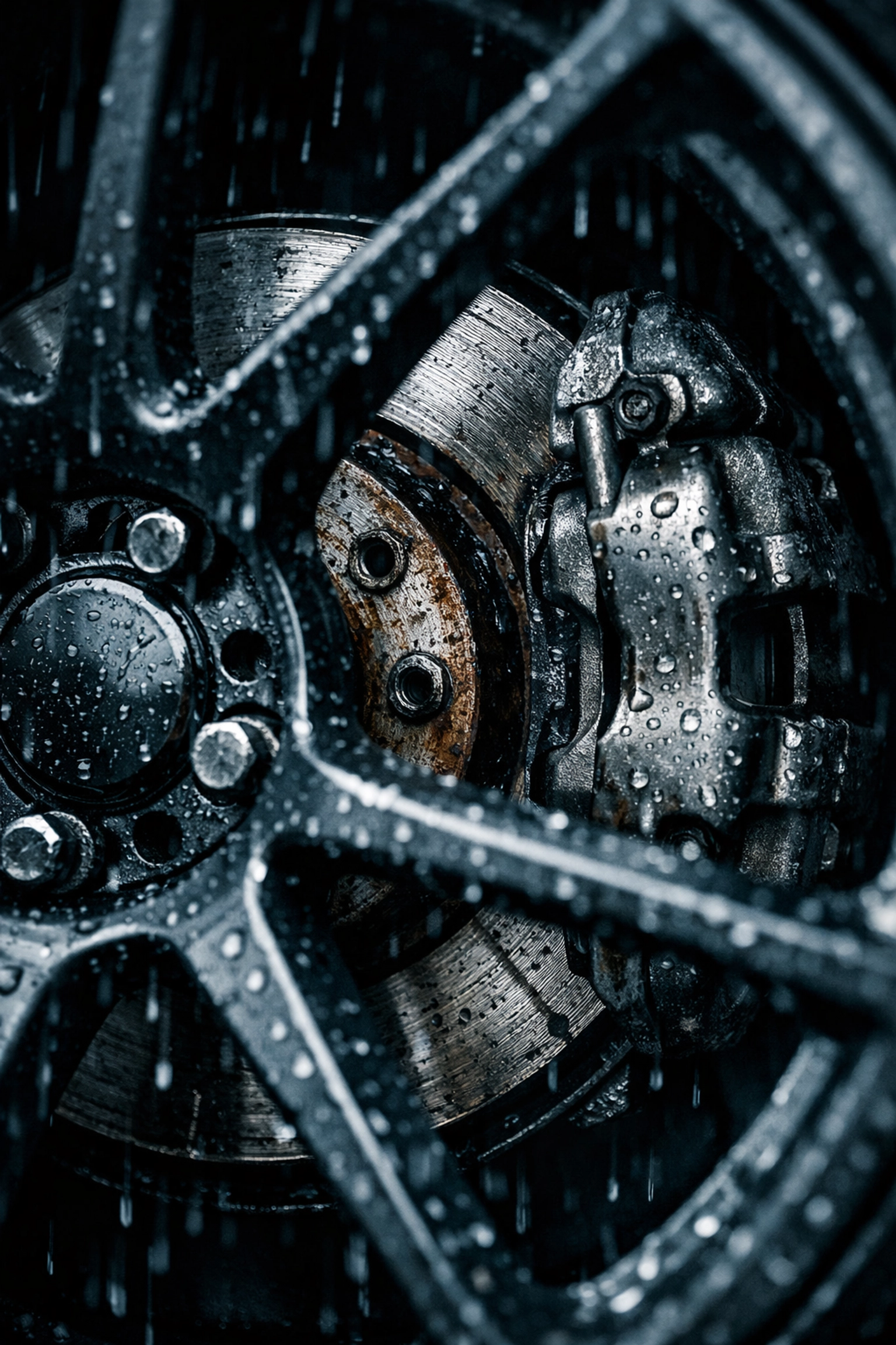 Close-up of a vehicle's brake assembly during rain showing the need for Green Bay auto repair.