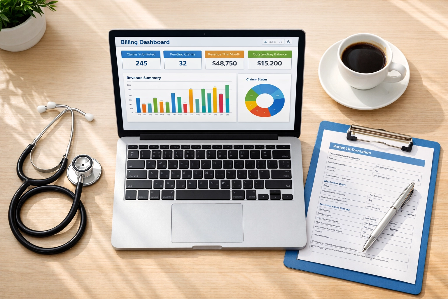 Medical billing software dashboard showing clinic revenue and accounts receivable management