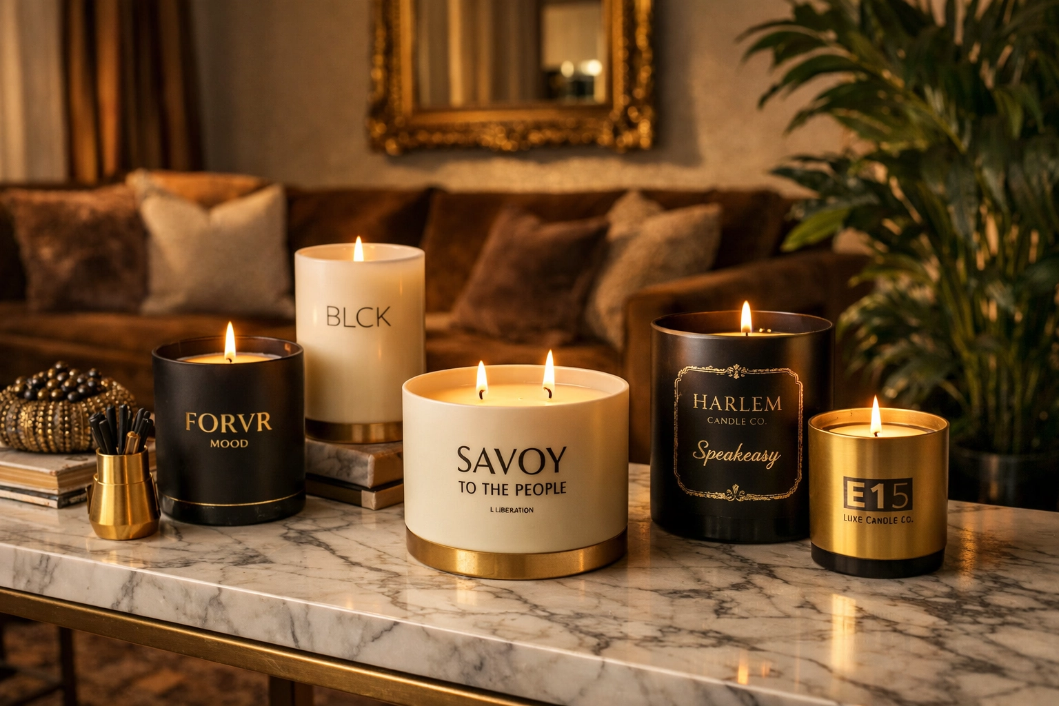 Luxury candles from Black-owned brands arranged on marble console in elegant home interior setting