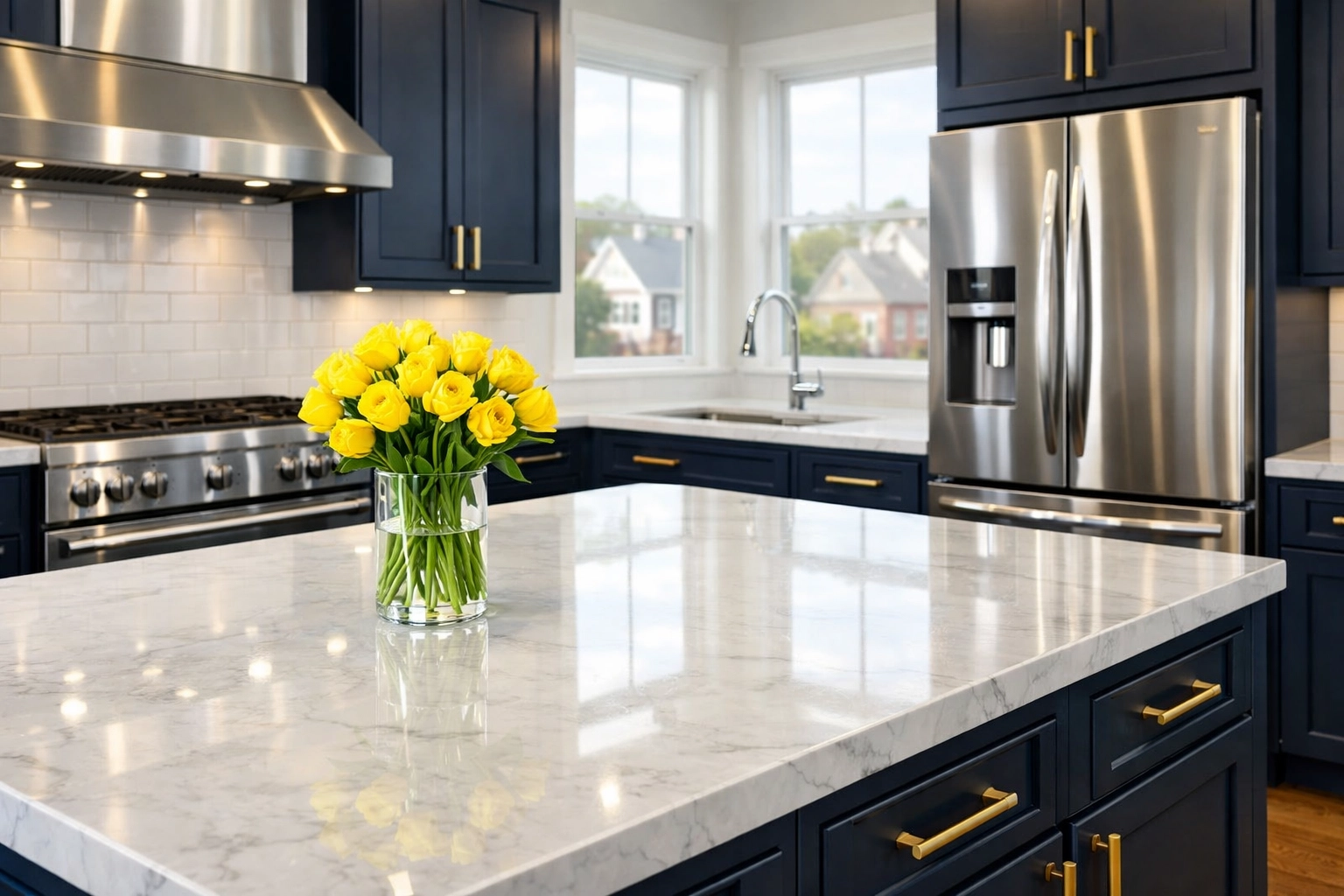 Clean kitchen with marble countertops after a professional move-out cleaning in Worcester MA.