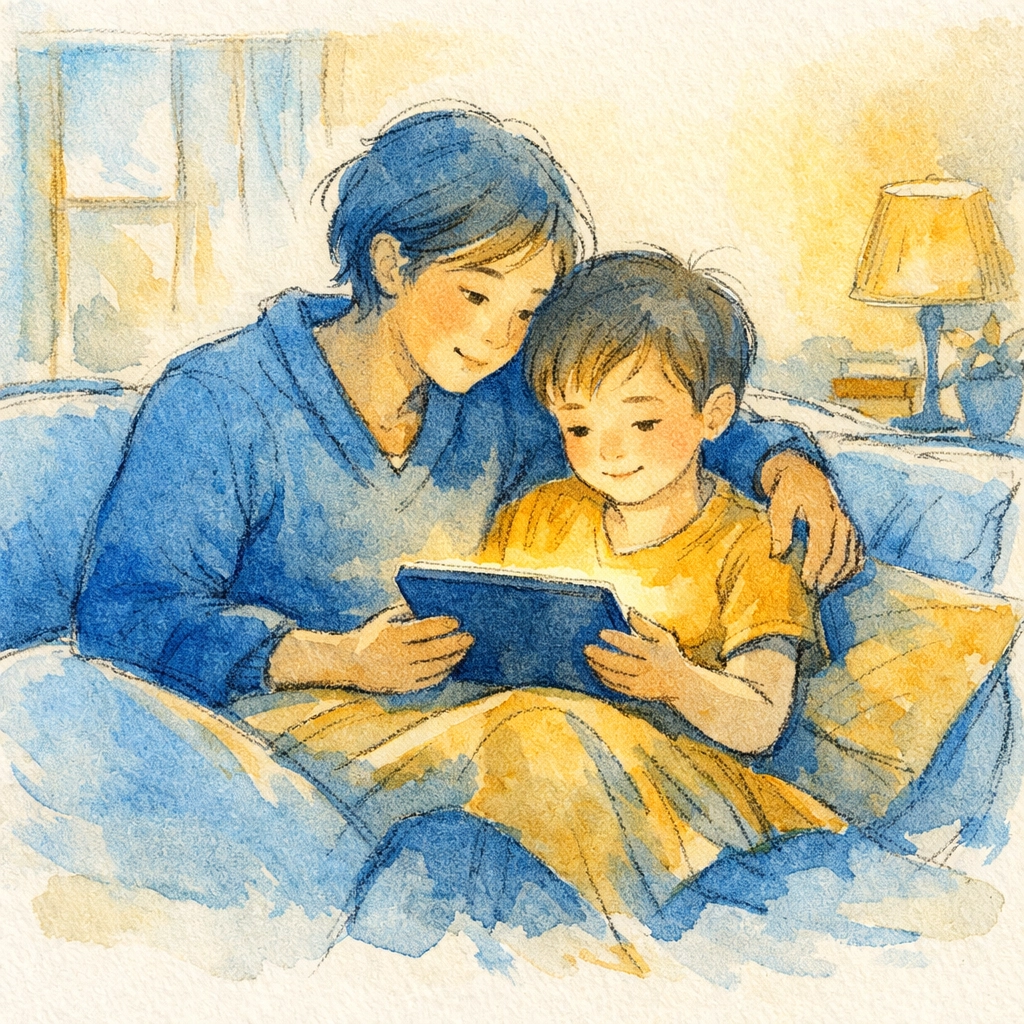 Christian parent and child reviewing Minecraft movie content together on tablet