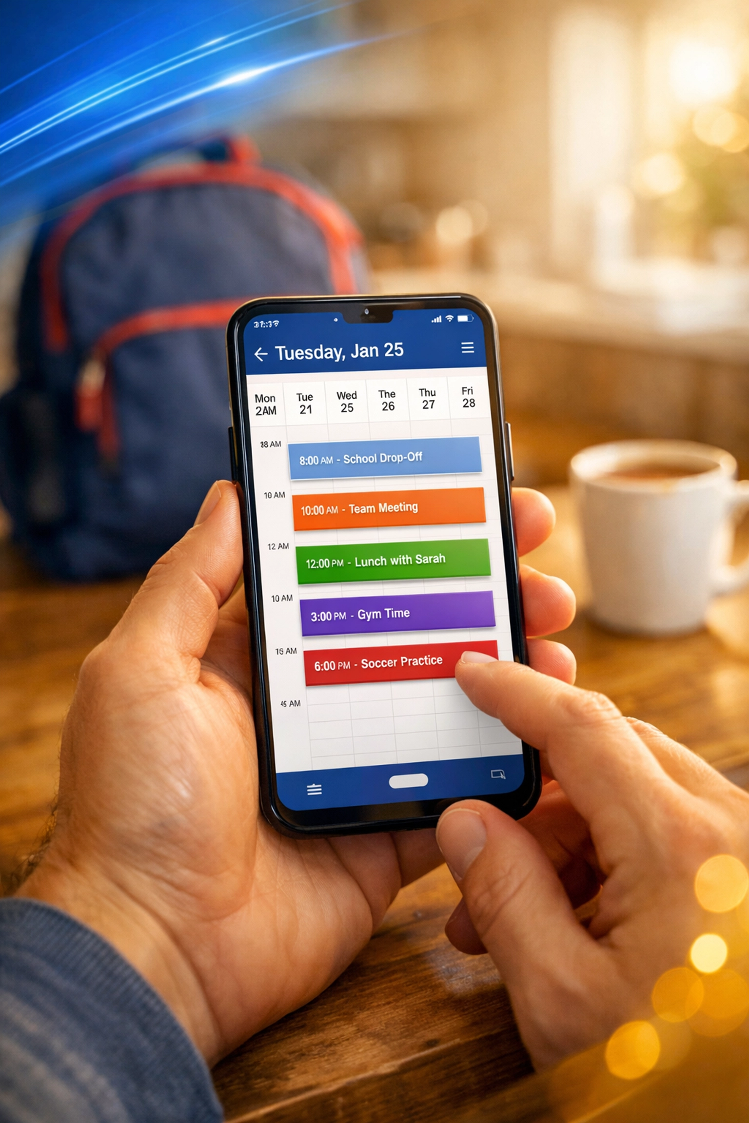 Parent managing a shared custody schedule on a smartphone app in a home setting.