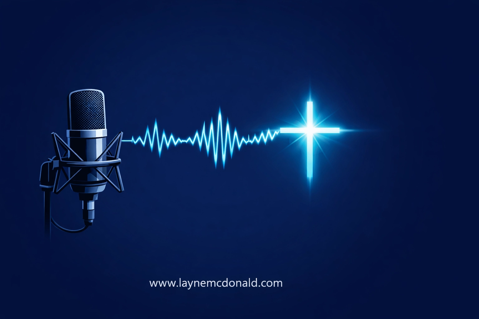 Studio microphone and digital waveform forming a cross for modern faith-based music production.