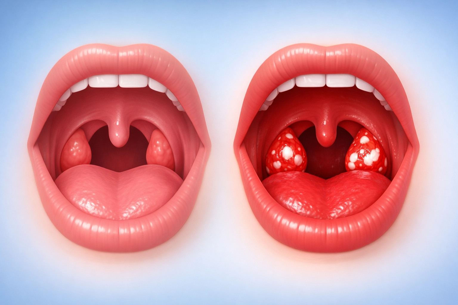 Comparison of healthy throat versus inflamed strep throat with white patches on tonsils