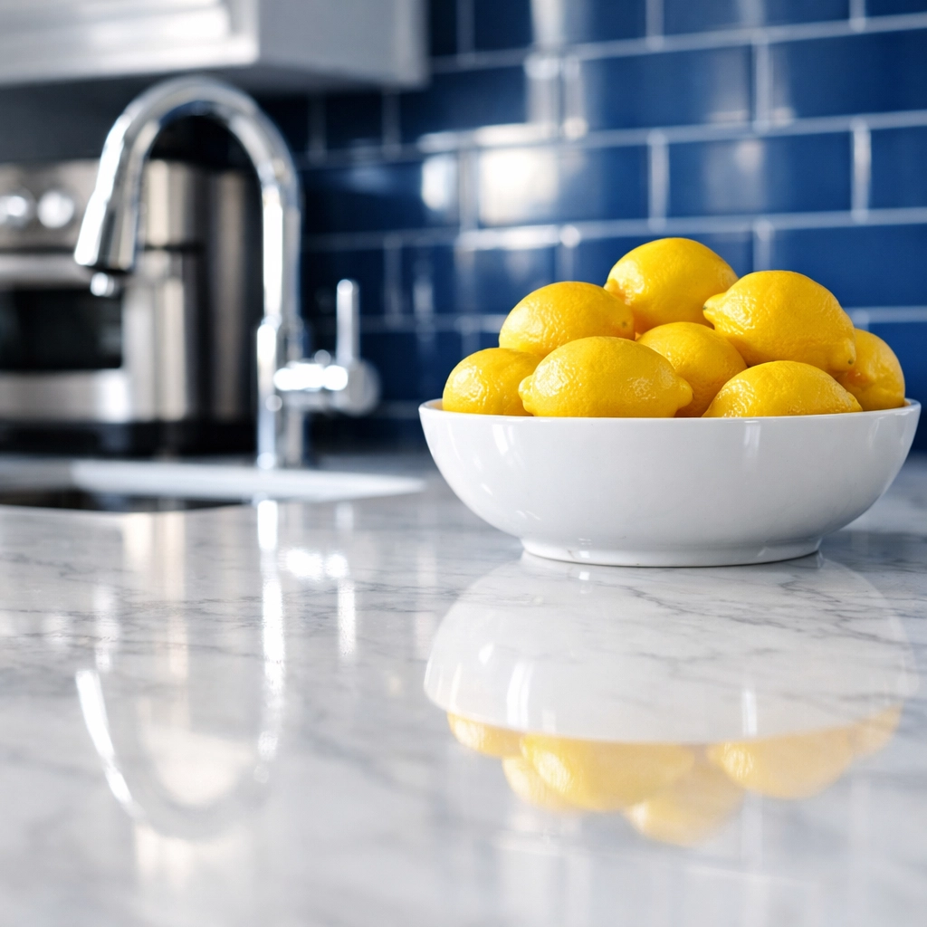 Sparkling clean marble kitchen countertop in a Townsend home maintained by a bi-weekly cleaning service.
