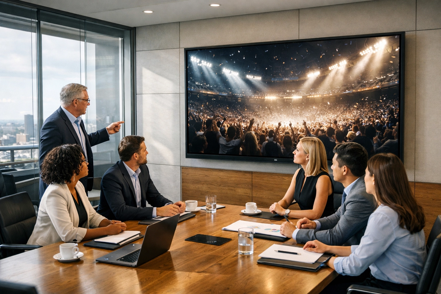 A professional creative team in a modern boardroom discussing high-impact Super Bowl branding strategies.
