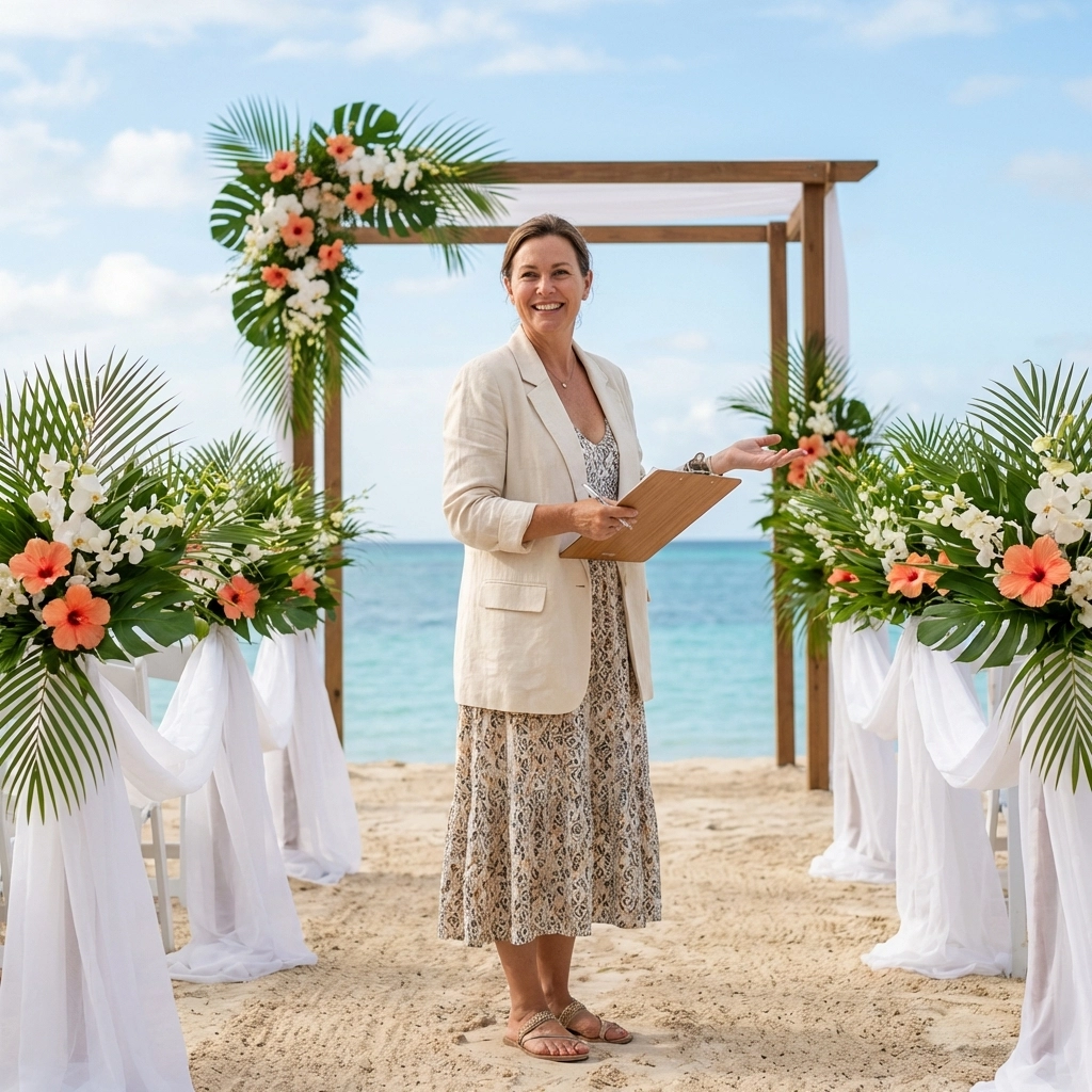 Local wedding planner prepares beach ceremony space at a tropical destination wedding venue