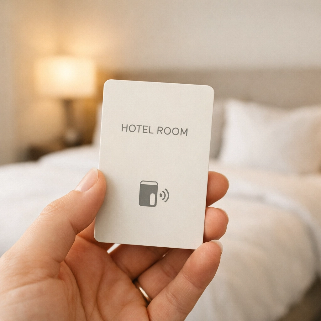 Guest holding hotel room key card after completing smooth check-in process