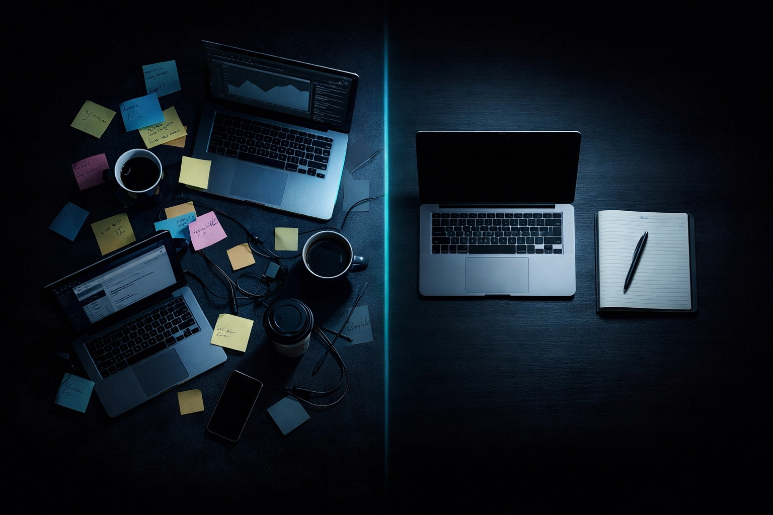 Comparison of chaotic freelance SDR workspace versus organized contract SDR setup for startup founders