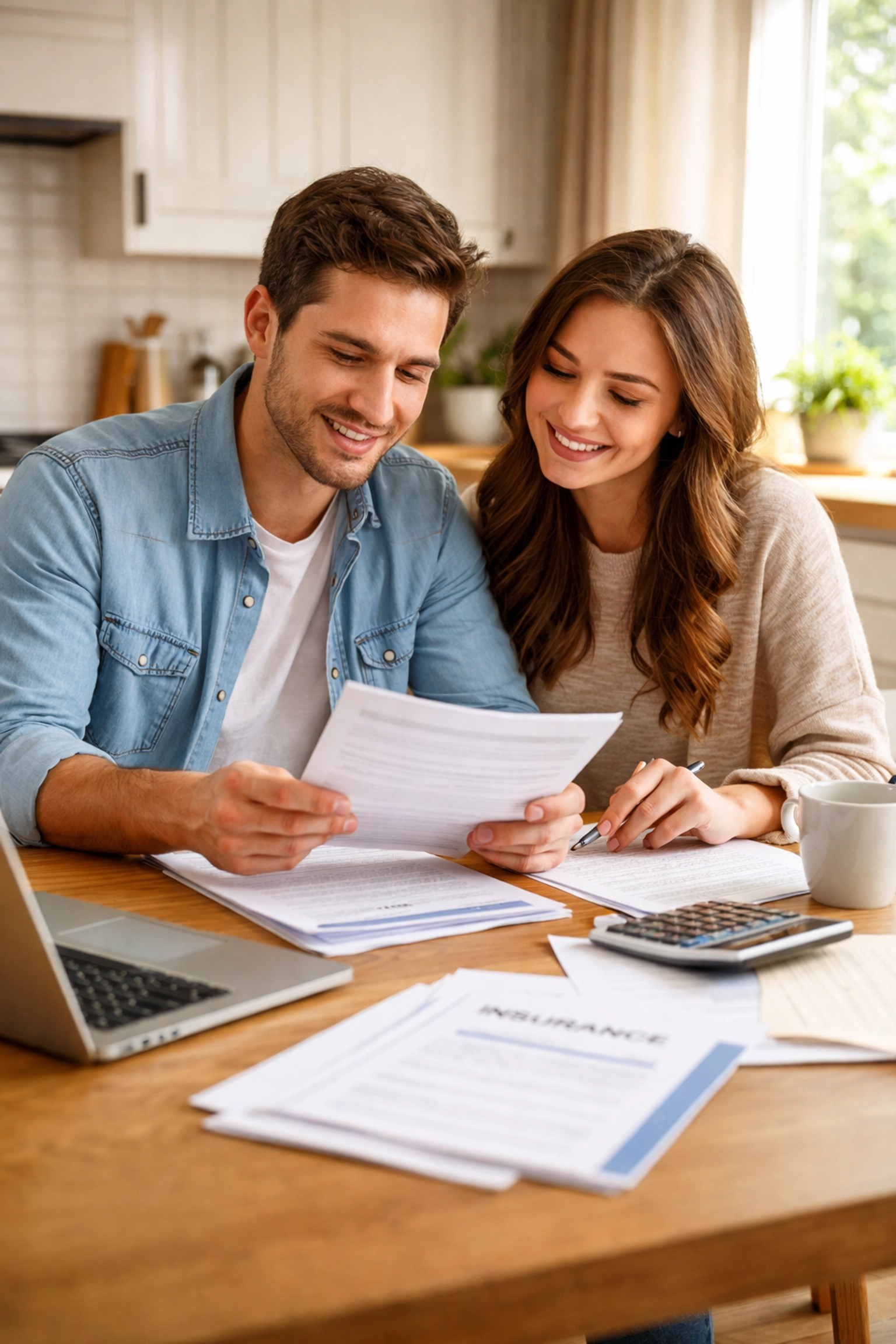 Couple reviewing flood insurance documents while planning their Houston area home purchase