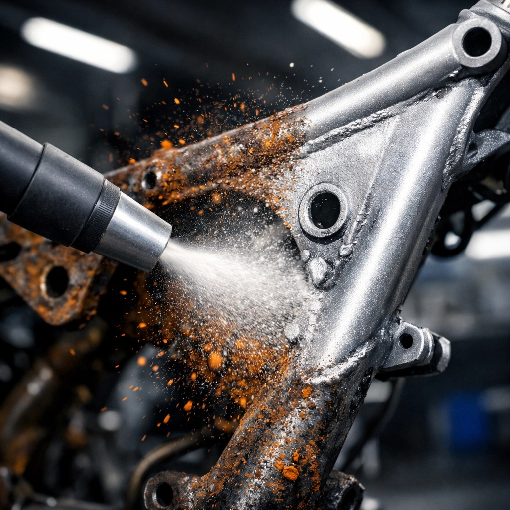 Media blasting motorcycle frame component to remove rust and prepare surface for powder coating