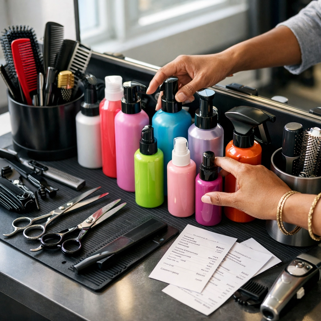 Barber organizing salon supplies and receipts for expense tracking on counter