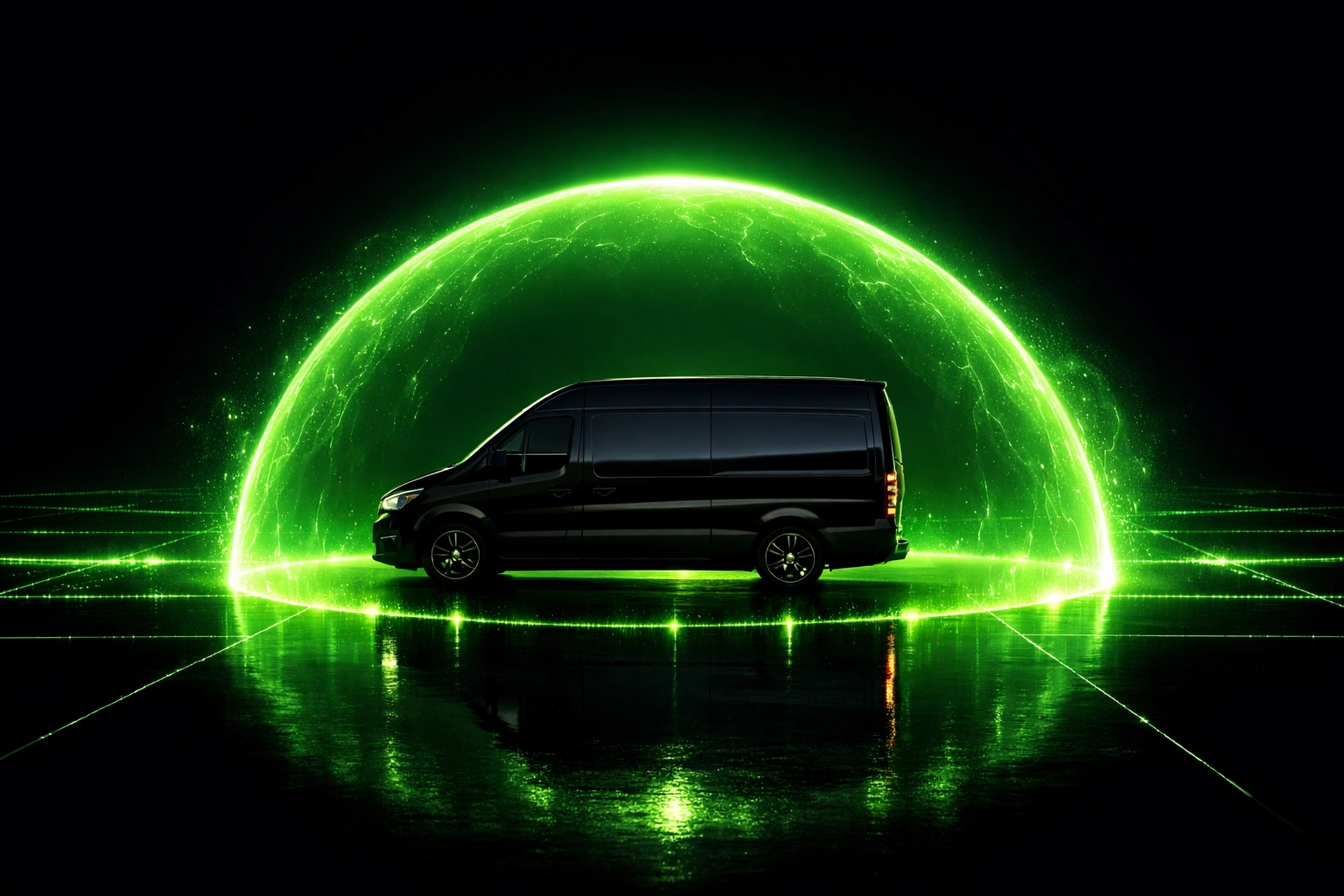Electrician service van silhouette with a glowing green radius showing wide coverage across Miller County Missouri.
