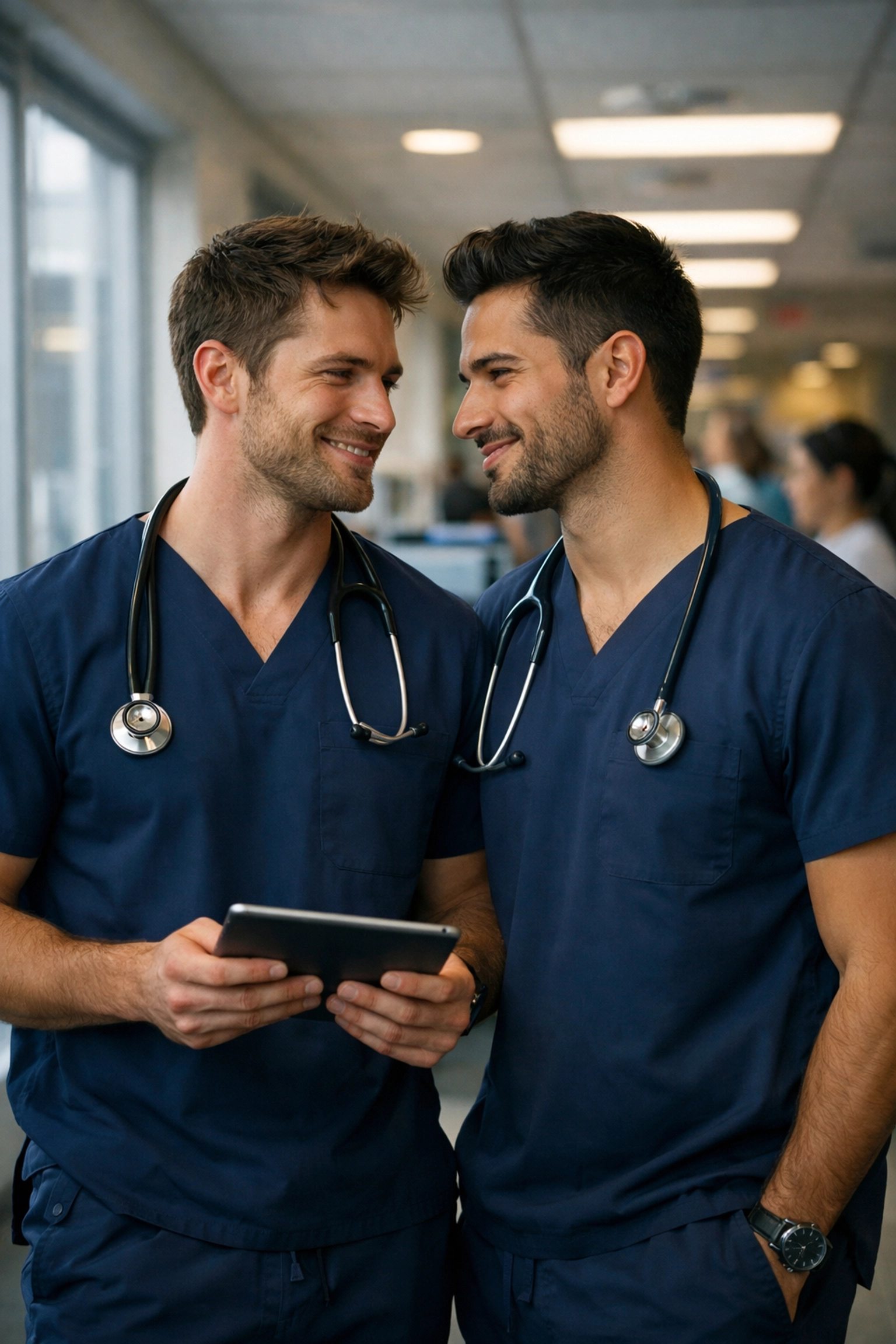Two male doctors in scrubs share an intimate moment in hospital corridor - MM romance inspiration