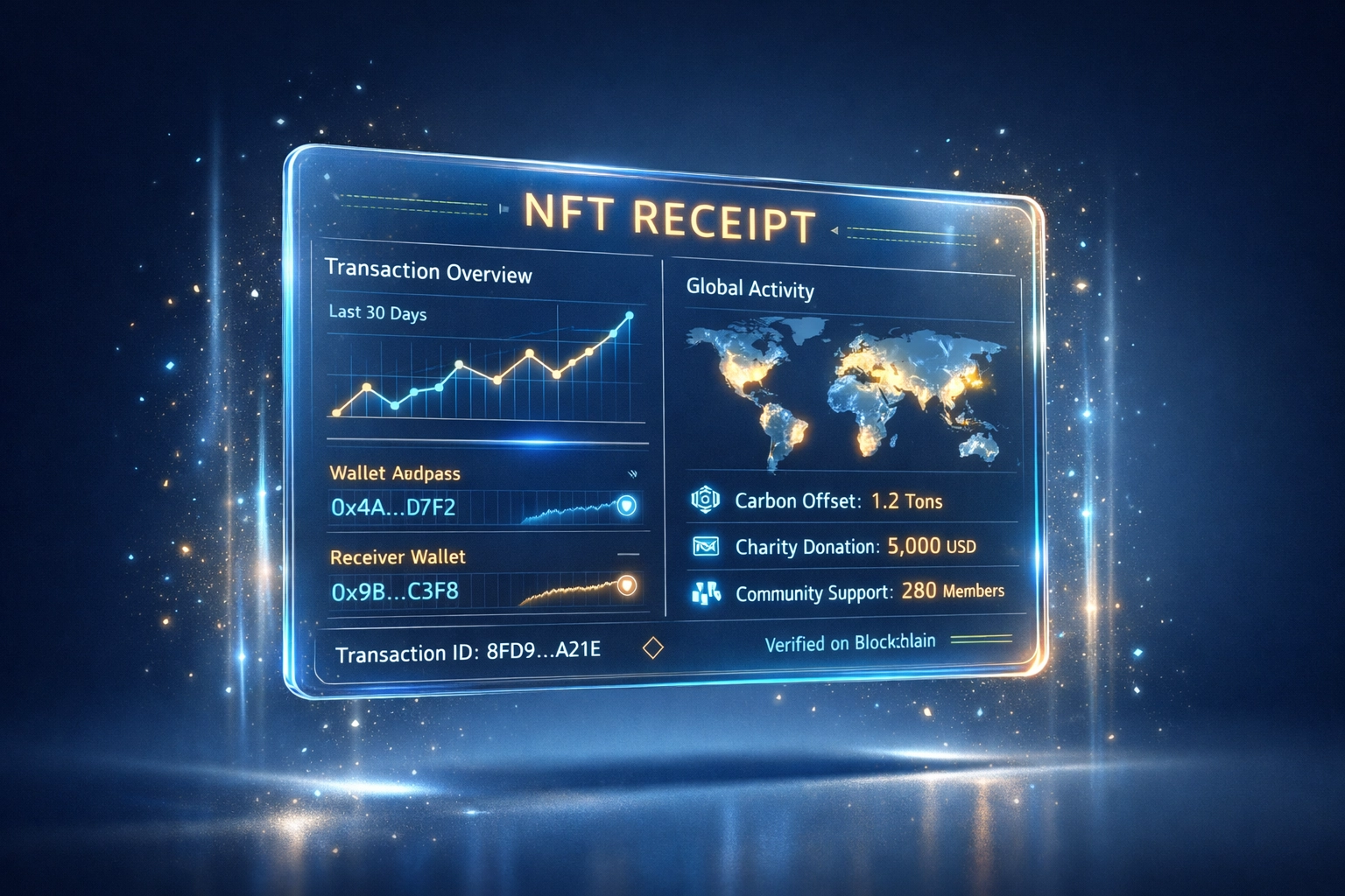 NFT receipt showing blockchain transaction data and social impact metrics