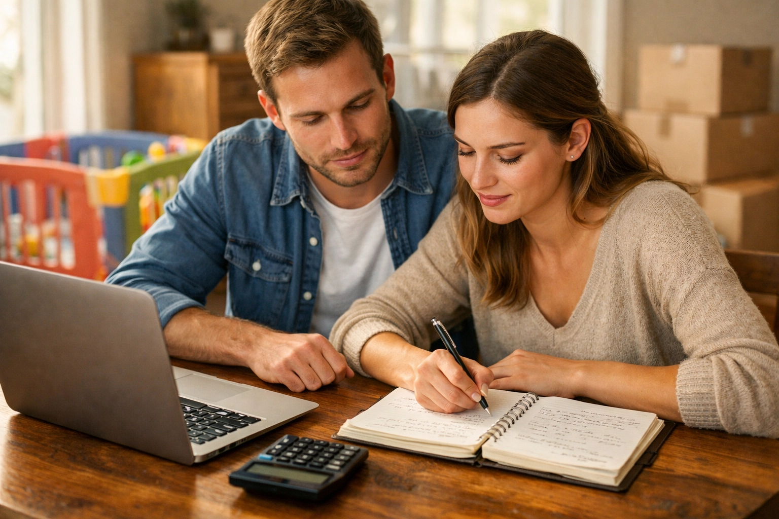 Young professionals in survival mode planning their financial future at a kitchen table with a baby playpen nearby.