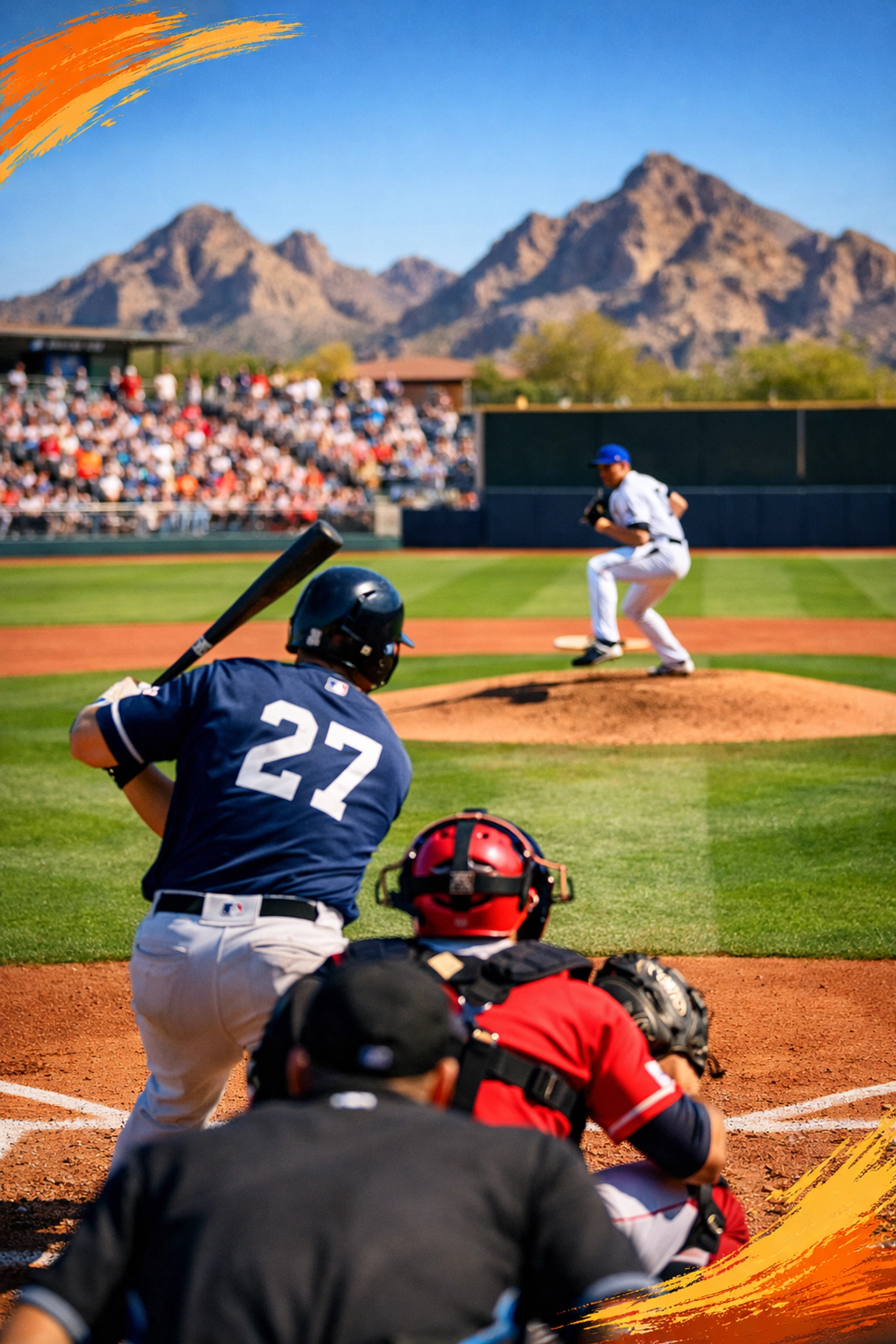Spring training baseball game action at Surprise Stadium with desert mountain views