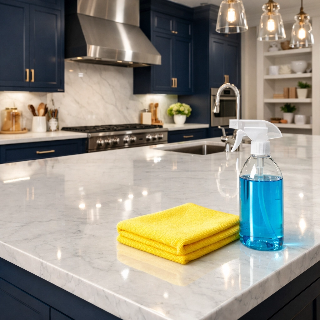 Clean marble kitchen island representing high standards for professional weekly house cleaning in Westborough.