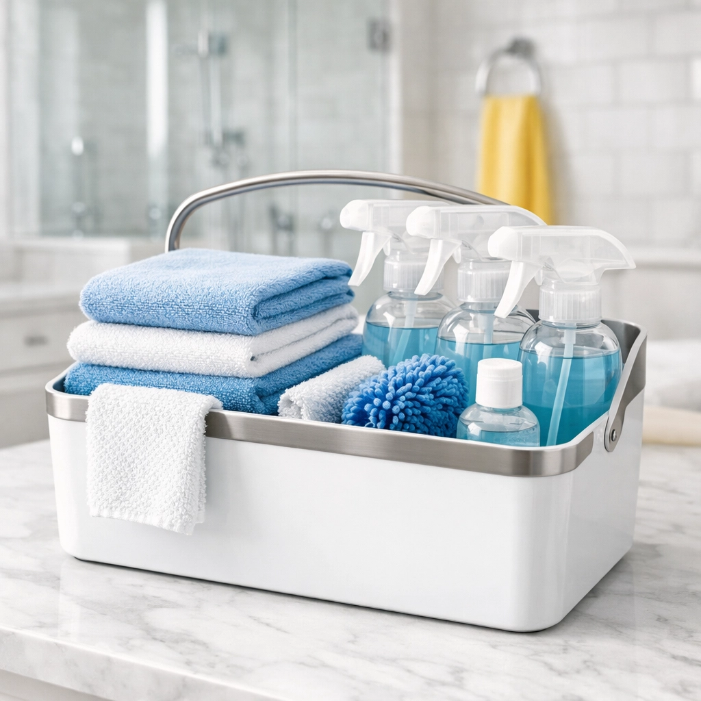 Professional cleaning supplies caddy with microfiber cloths on a marble bathroom vanity in Lunenburg.