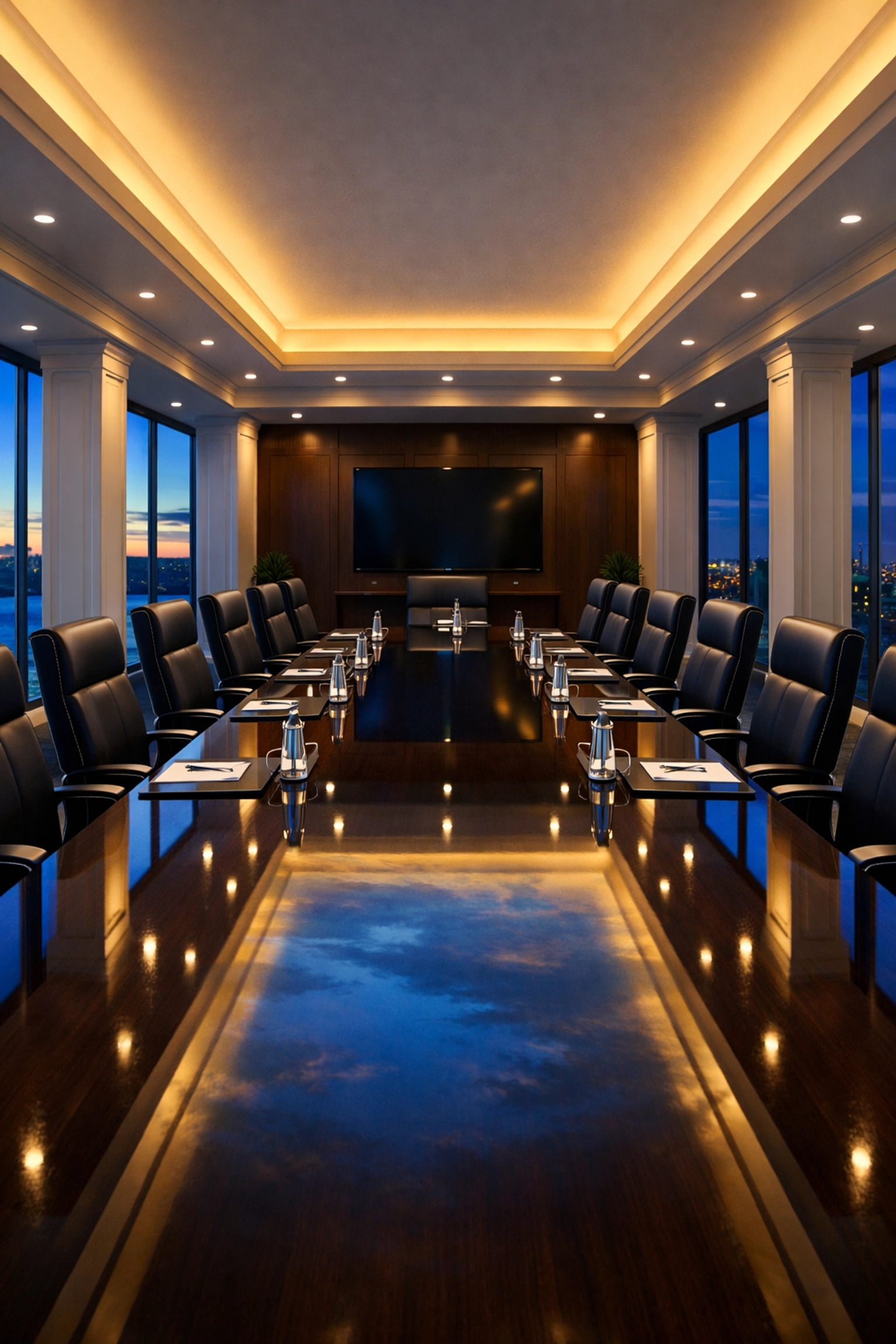 Spotless boardroom in Ashburnham with a polished wood table, demonstrating expert commercial cleaning and floor care.