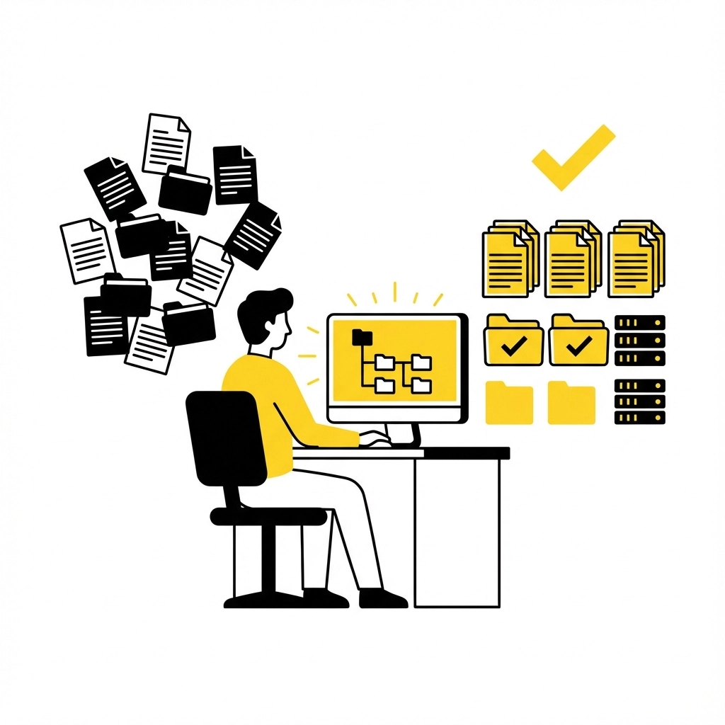 Person at desk with computer organizing files, surrounded by scattered documents. Yellow and black theme with check marks and folders.