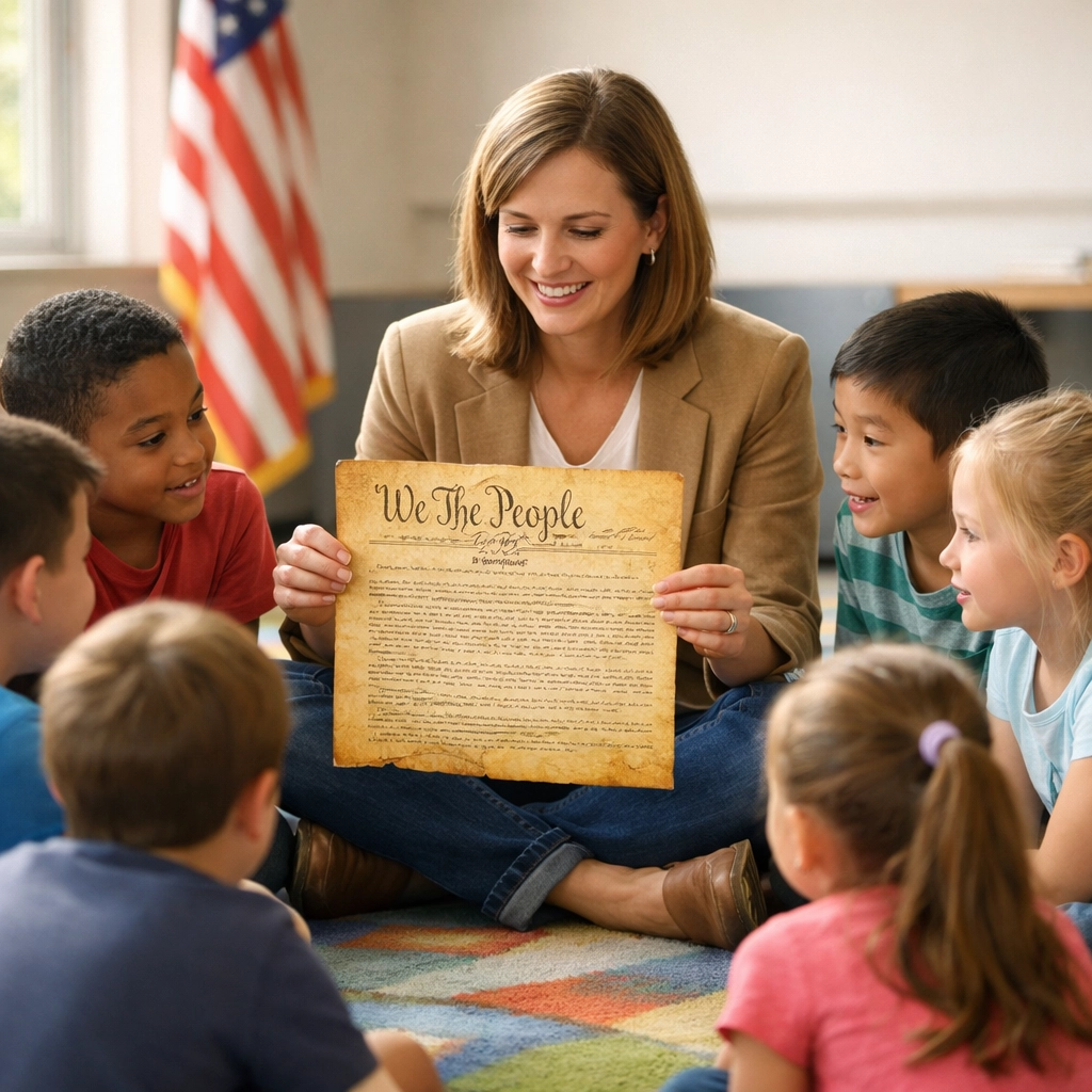 Students in a classroom circle learning about the U.S. Constitution to improve civic education.