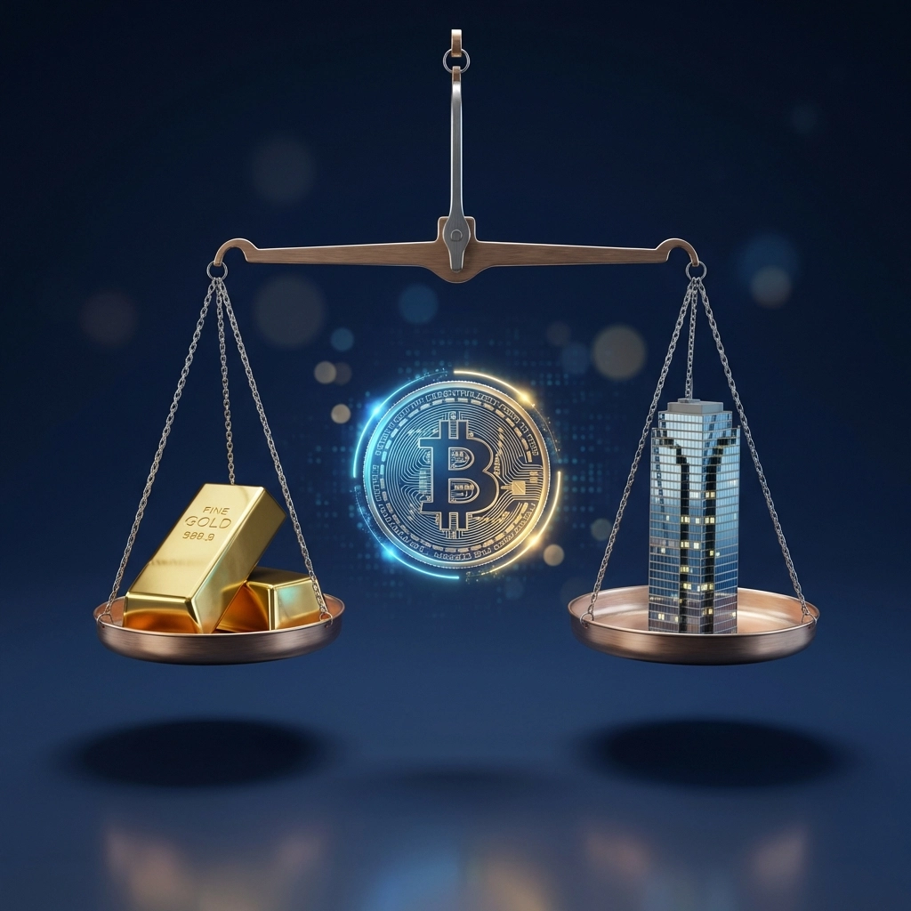 Balanced scale representing gold, real estate, and cryptocurrency diversification for accredited investors