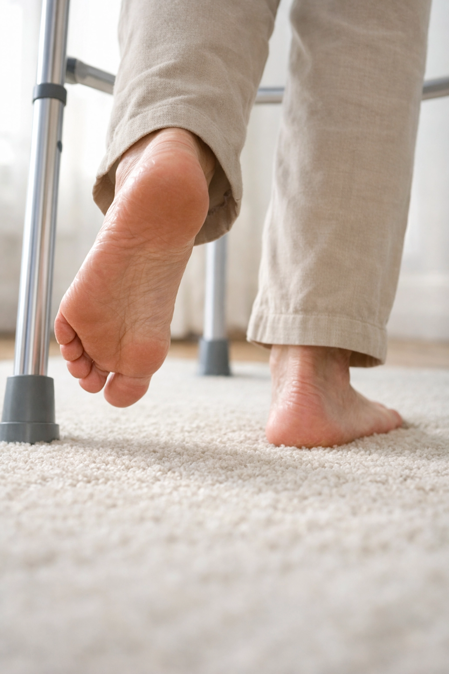 Close-up of a safe heel-to-toe walking gait using a walker on carpet to avoid tripping or shuffling.