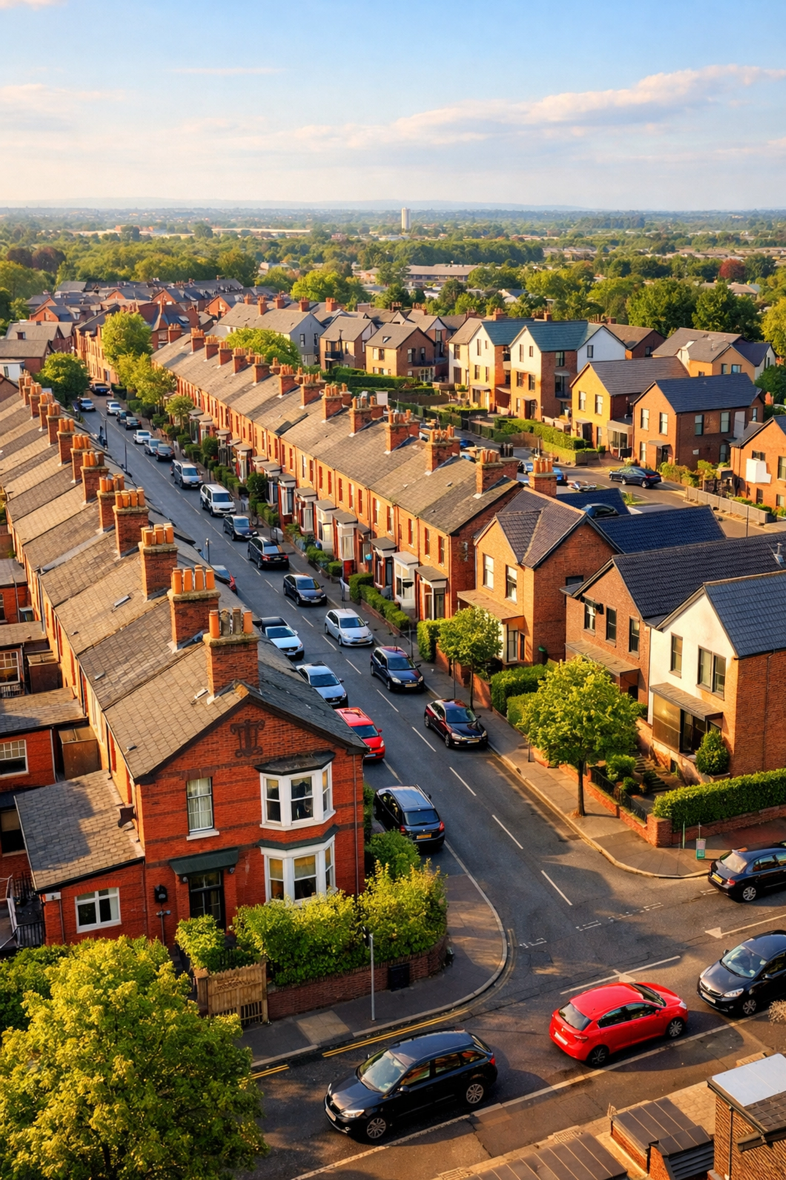 Victorian terraced houses and modern properties on a residential street in Failsworth