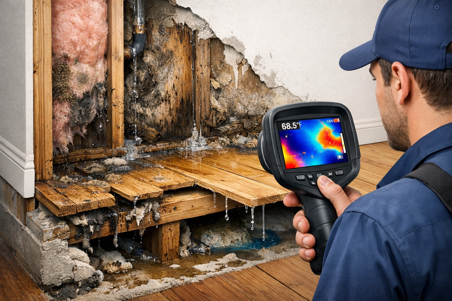 Infrared camera detecting hidden water damage behind walls and under floors