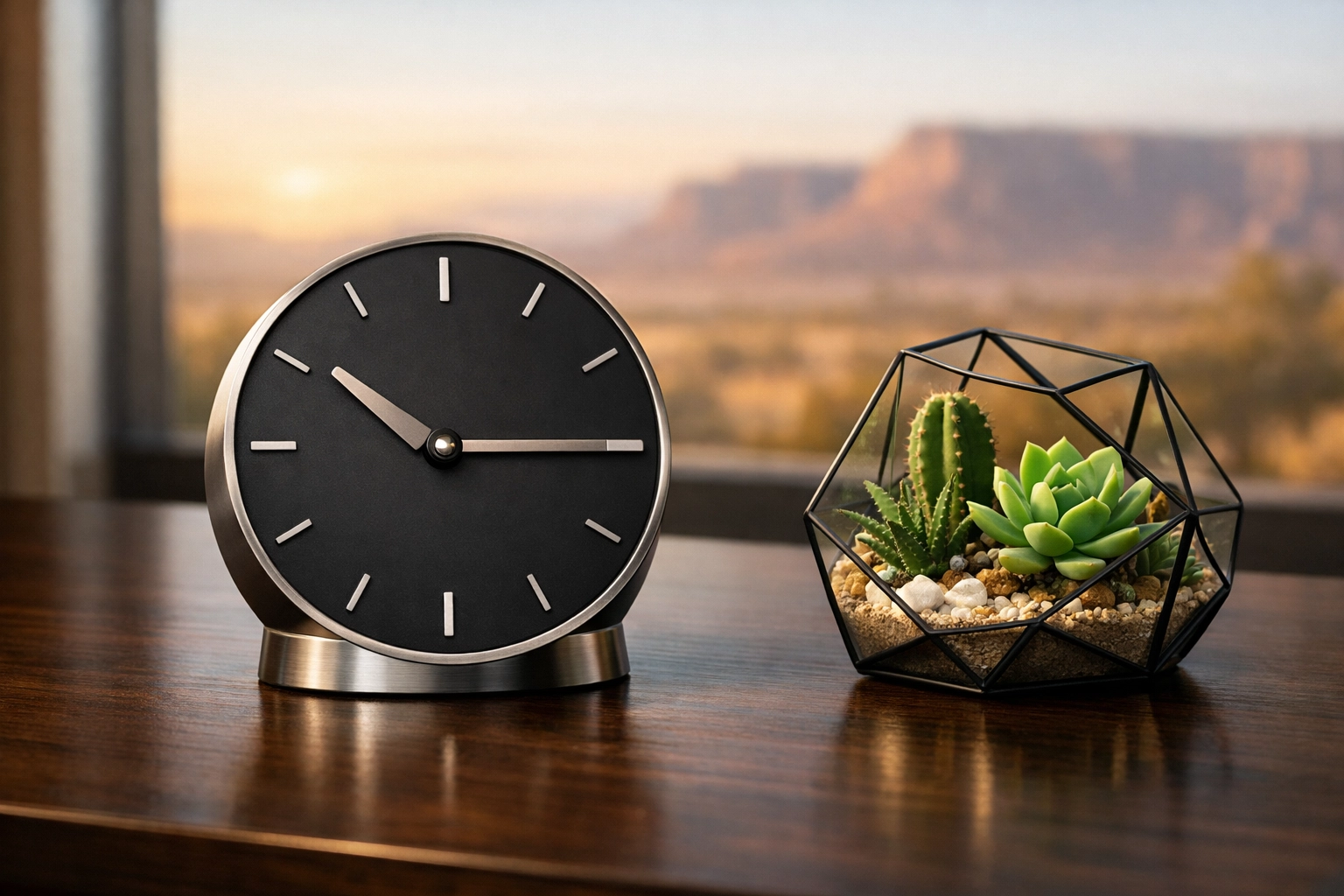 Professional workspace with a modern clock showing Albuquerque Mountain Standard Time.